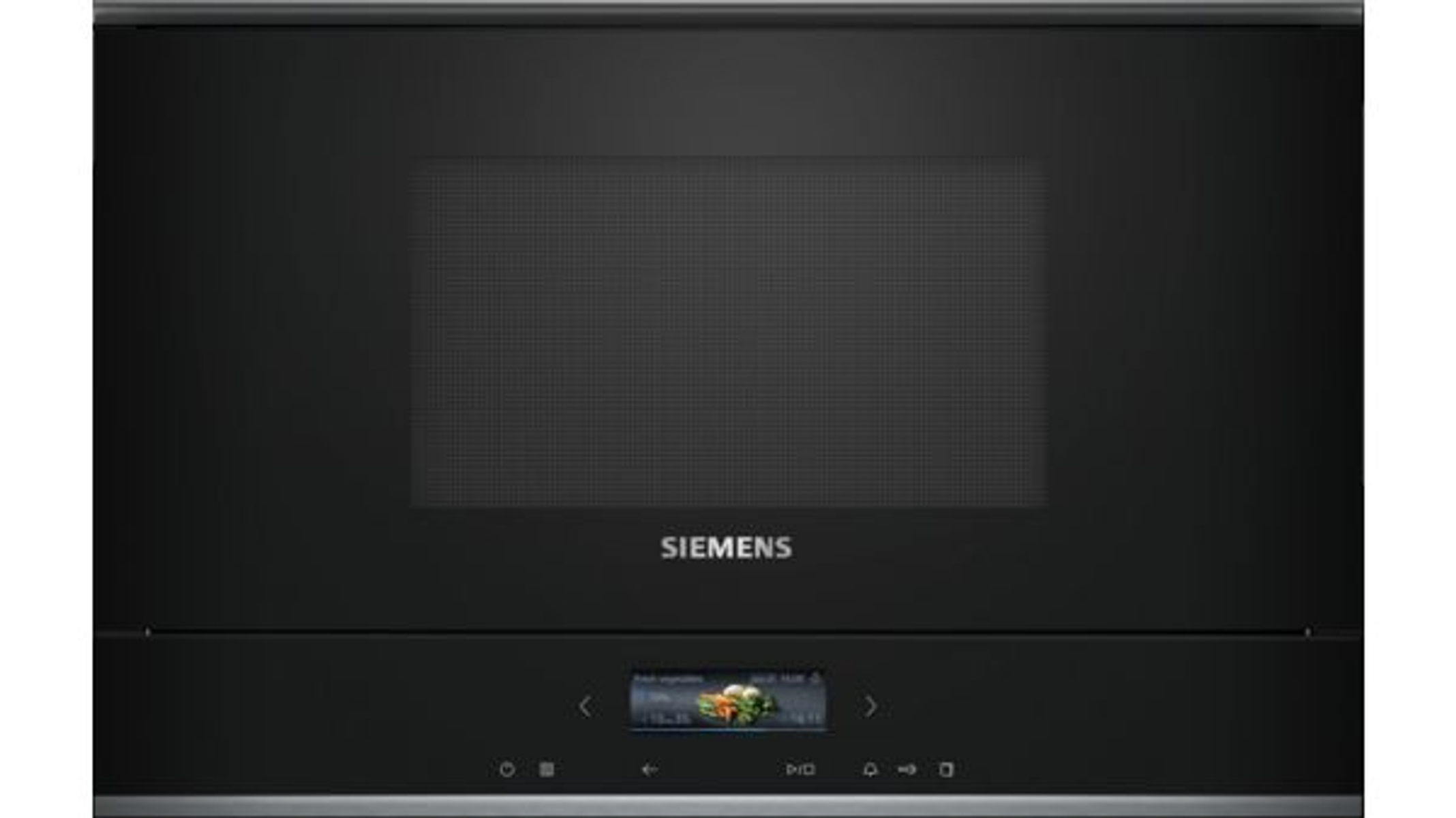 Czarny piekarnik mikrofalowy z logo Siemens i wyświetlaczem.