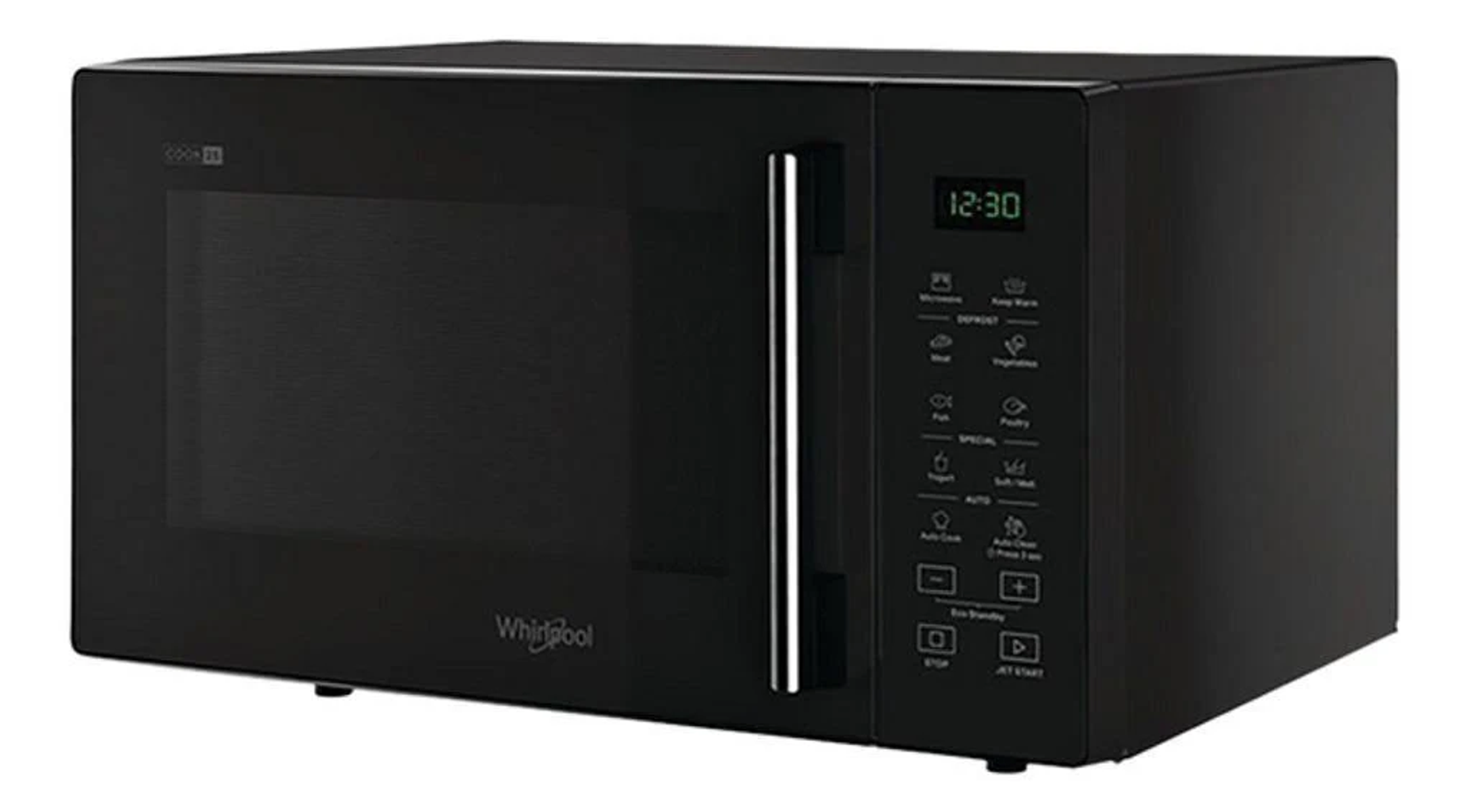 Un horno microondas Whirlpool negro con una pantalla digital que muestra la hora y varios botones.