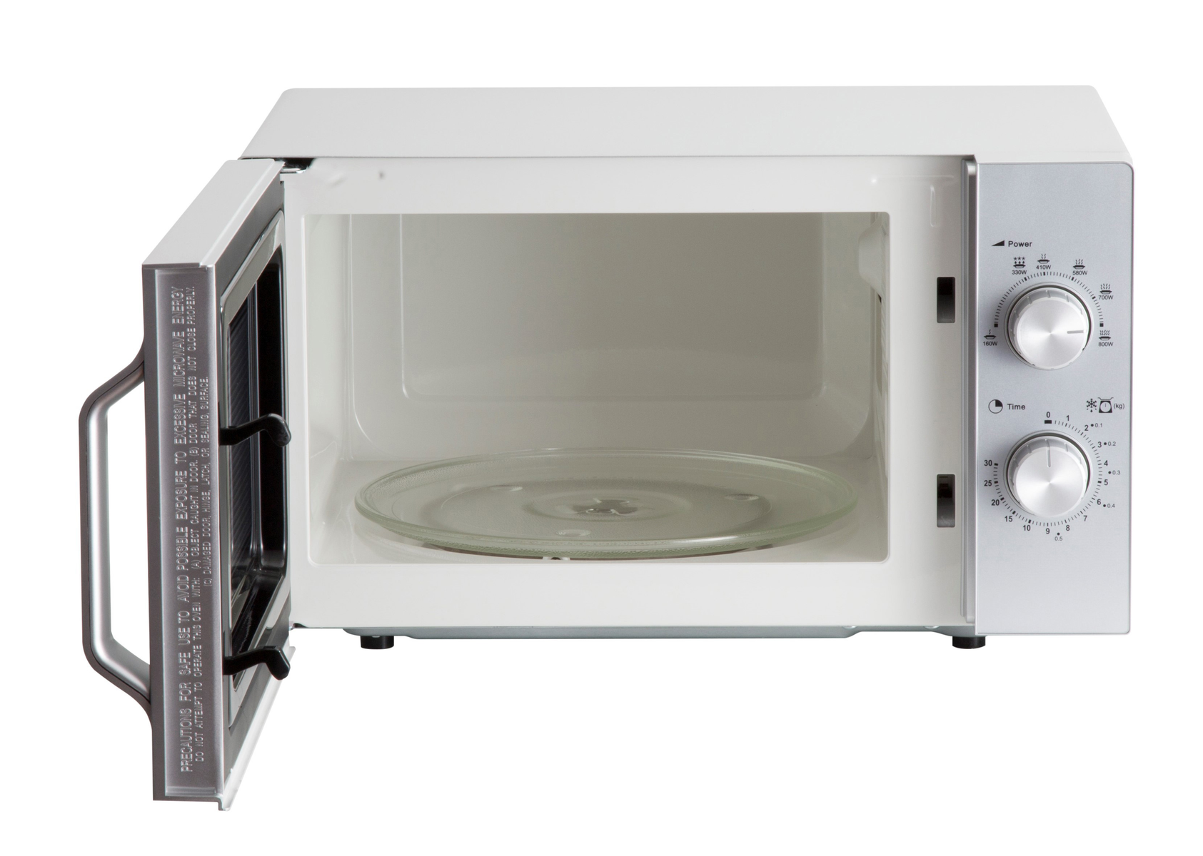 Biała kuchenka mikrofalowa z otwartymi drzwiami, pokazująca szklany talerz w środku. Panel sterowania po prawej.