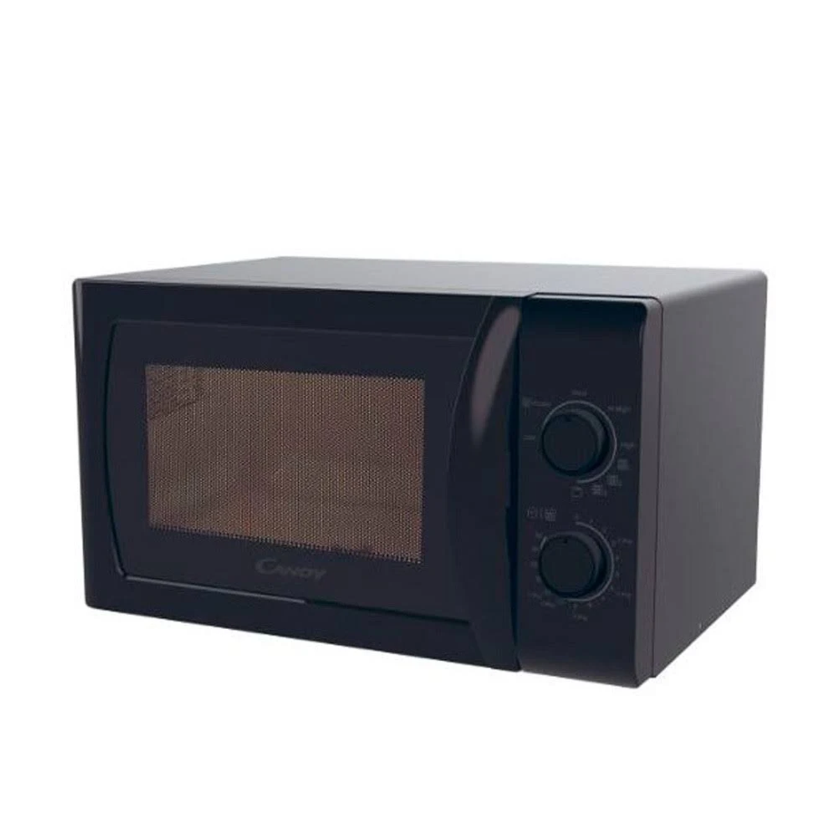 Un horno microondas negro con perillas de control y puerta de vidrio.
