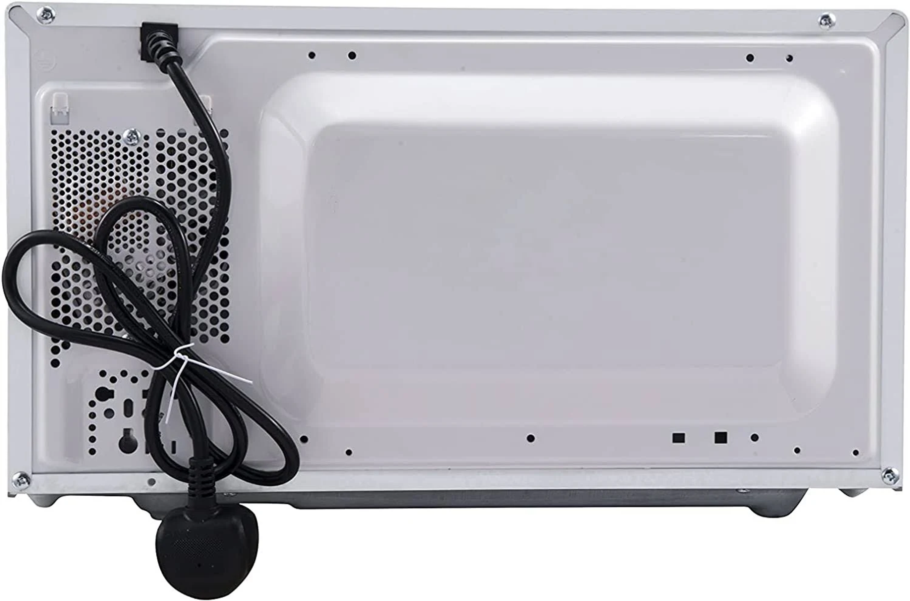 Parte trasera de un microondas blanco con cable de alimentación y rejilla de ventilación.