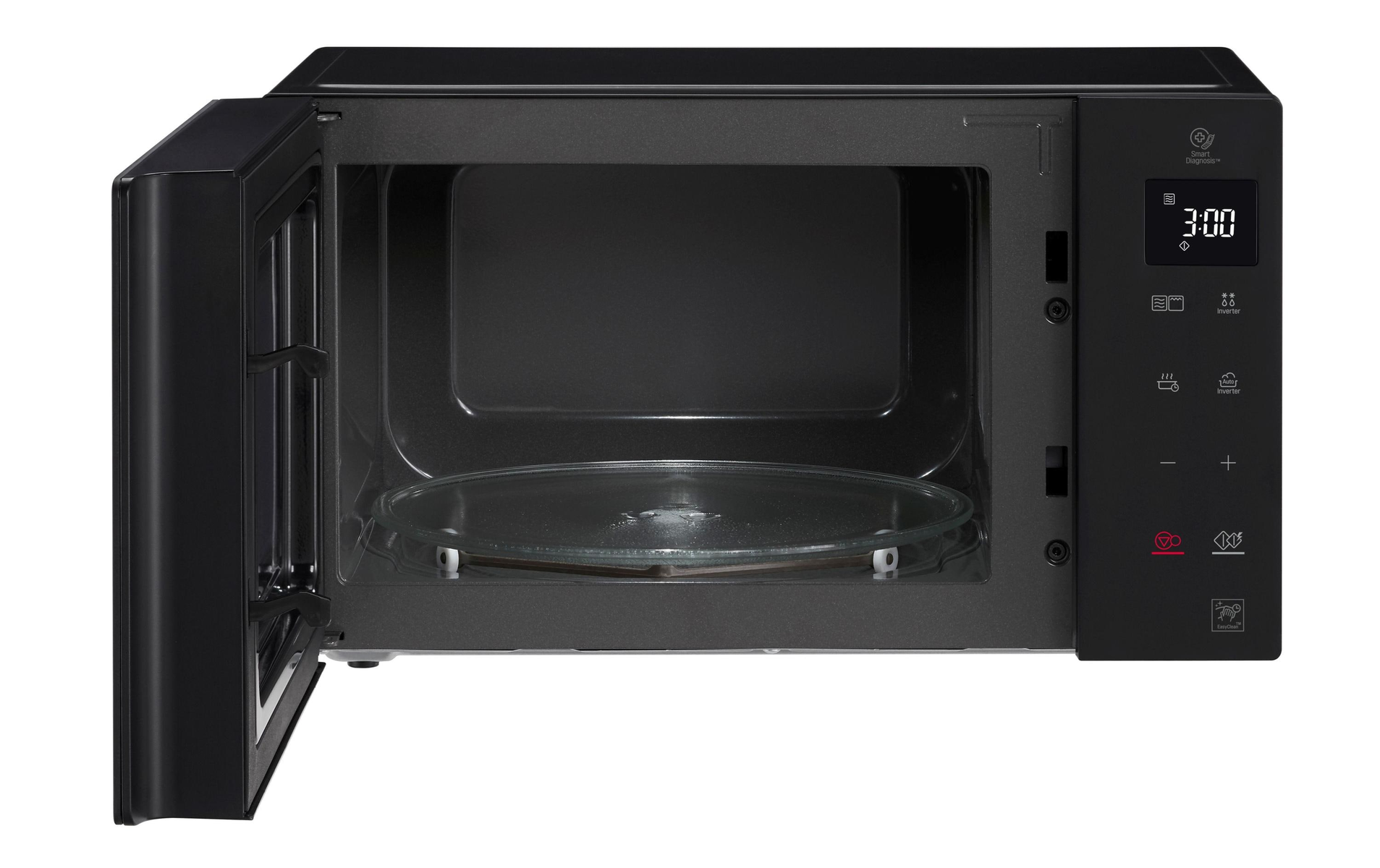 Four à micro-ondes, noir, porte ouverte. Plateau en verre visible. Affichage numérique allumé.