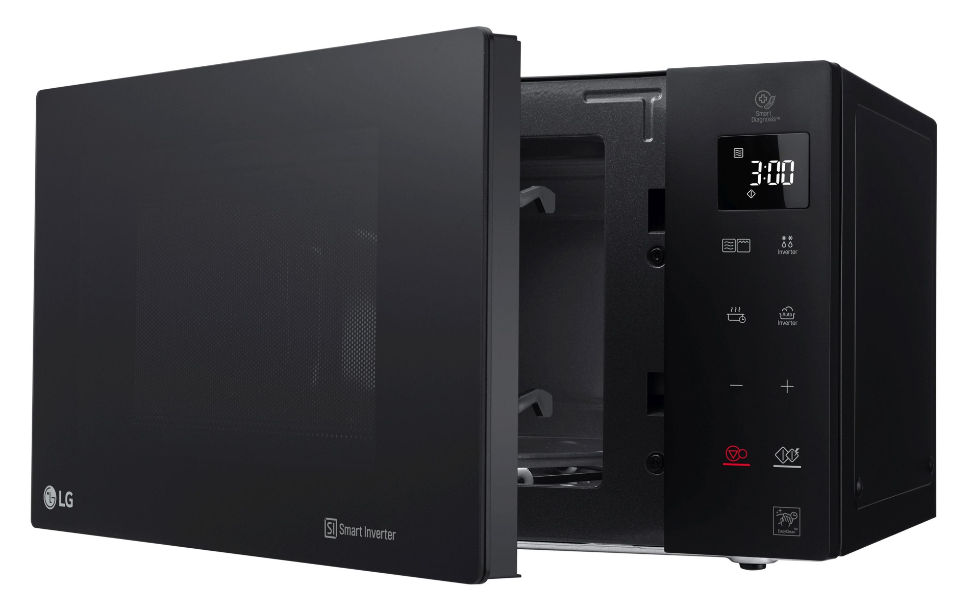 Four à micro-ondes noir avec la porte ouverte, montrant l'intérieur.