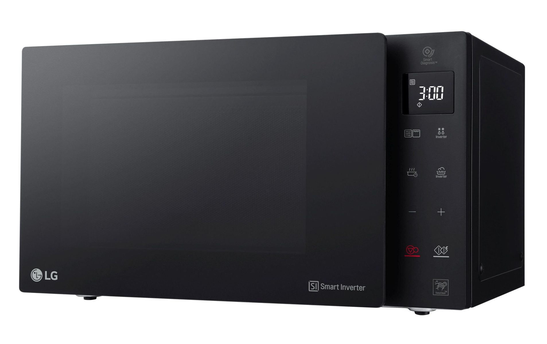 Four micro-ondes LG noir avec affichage numérique et panneau de commande à droite.
