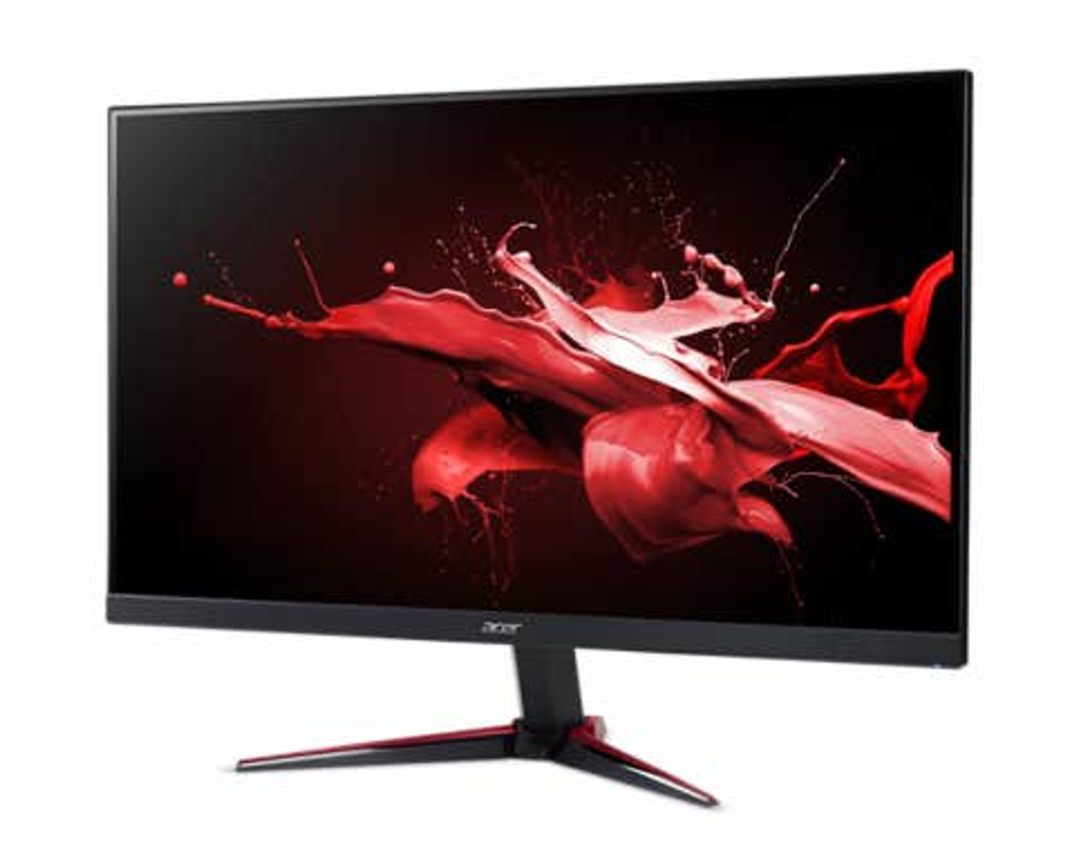 Ein Monitor mit einem rot-schwarzen Spritzdesign und dem Acer-Logo am unteren Rand.