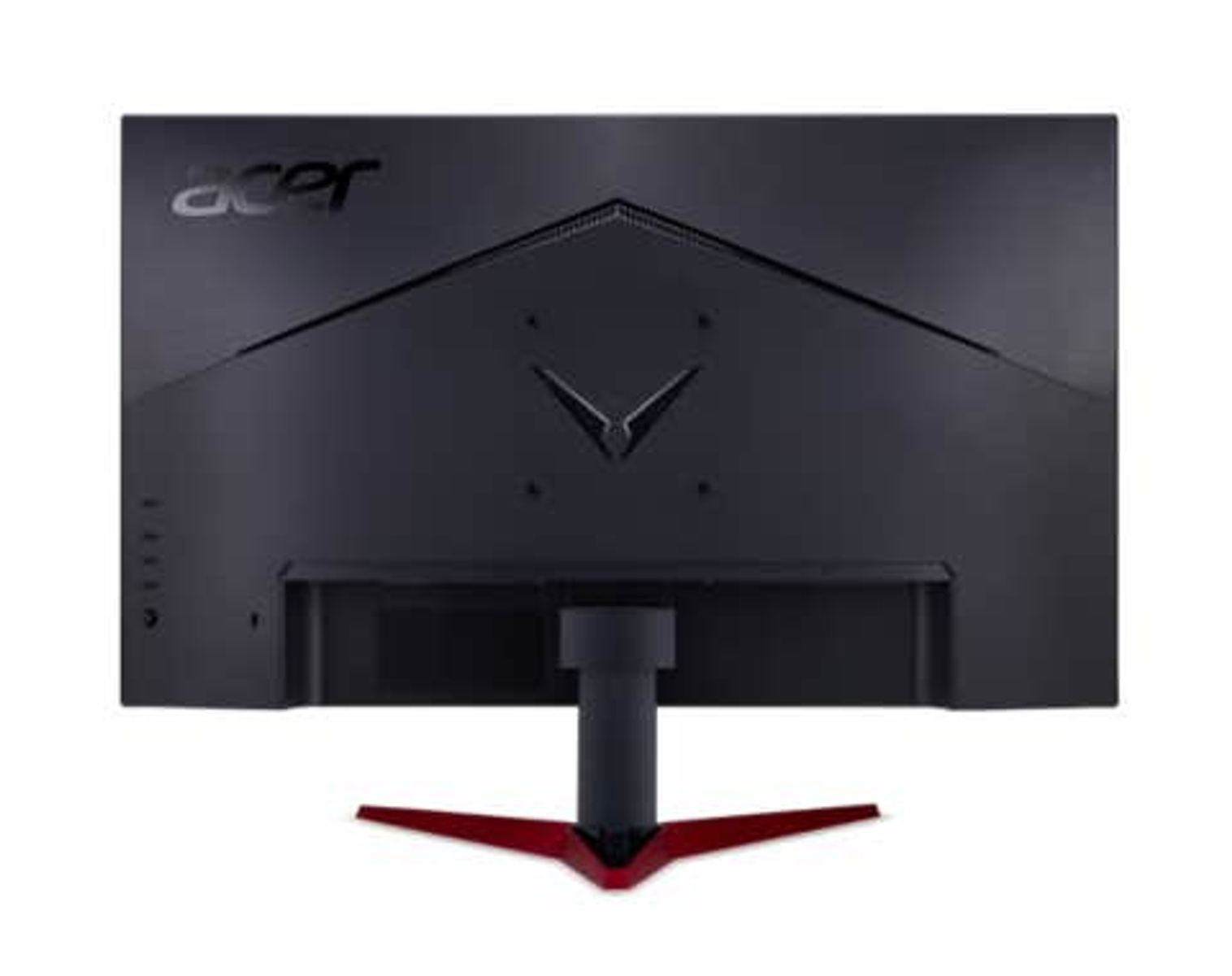 Schwarzer Acer-Monitor, Rückansicht, mit rotem Ständer und V-förmigem Design.