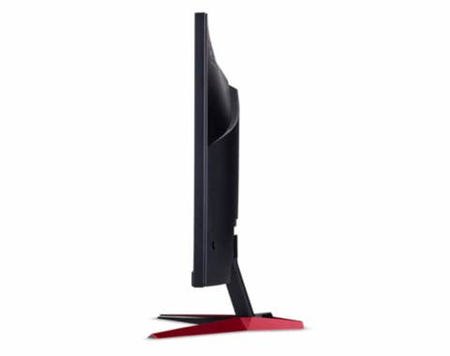 Seitenansicht eines schwarzen Monitors auf weißem Hintergrund, mit roter Basis.