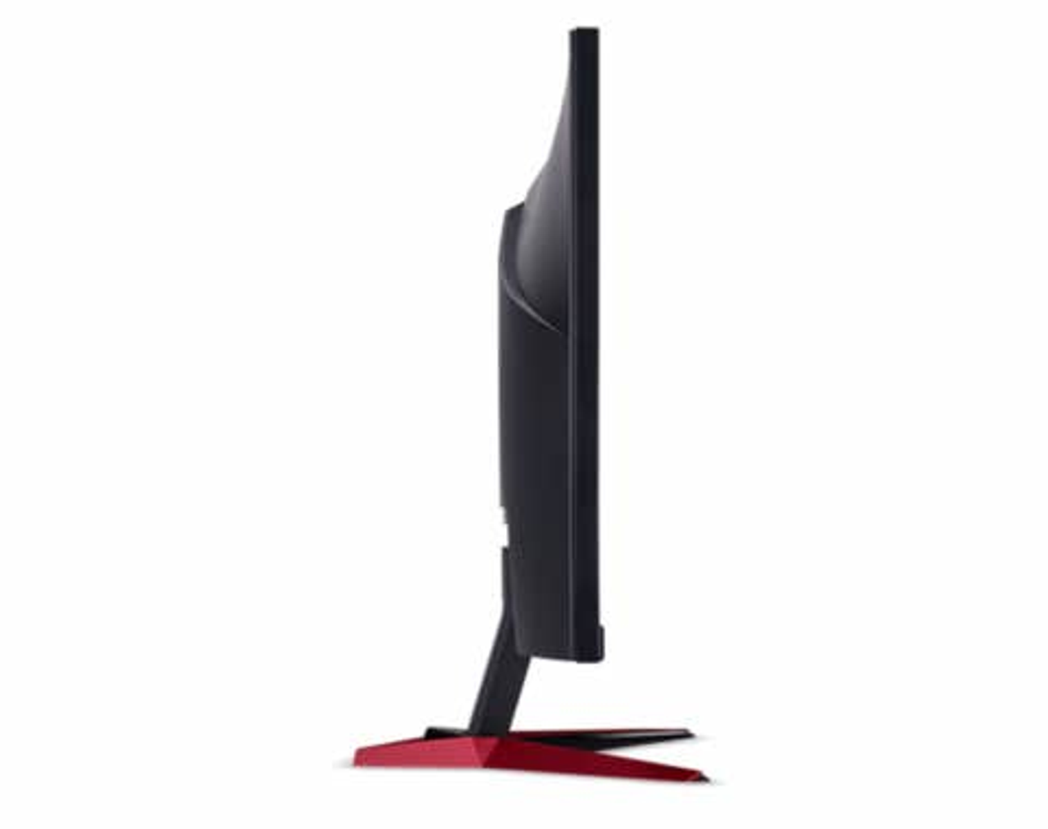 Schwarzer Computermonitor, Profilansicht, mit roter Basis und Ständer auf weißem Hintergrund.