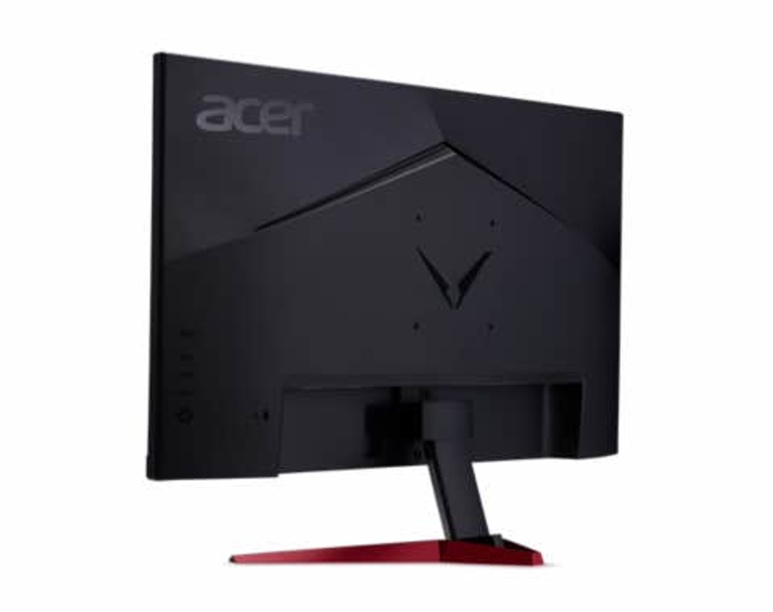 Rückansicht eines schwarzen Monitors, mit Acer-Logo und roter Basis.