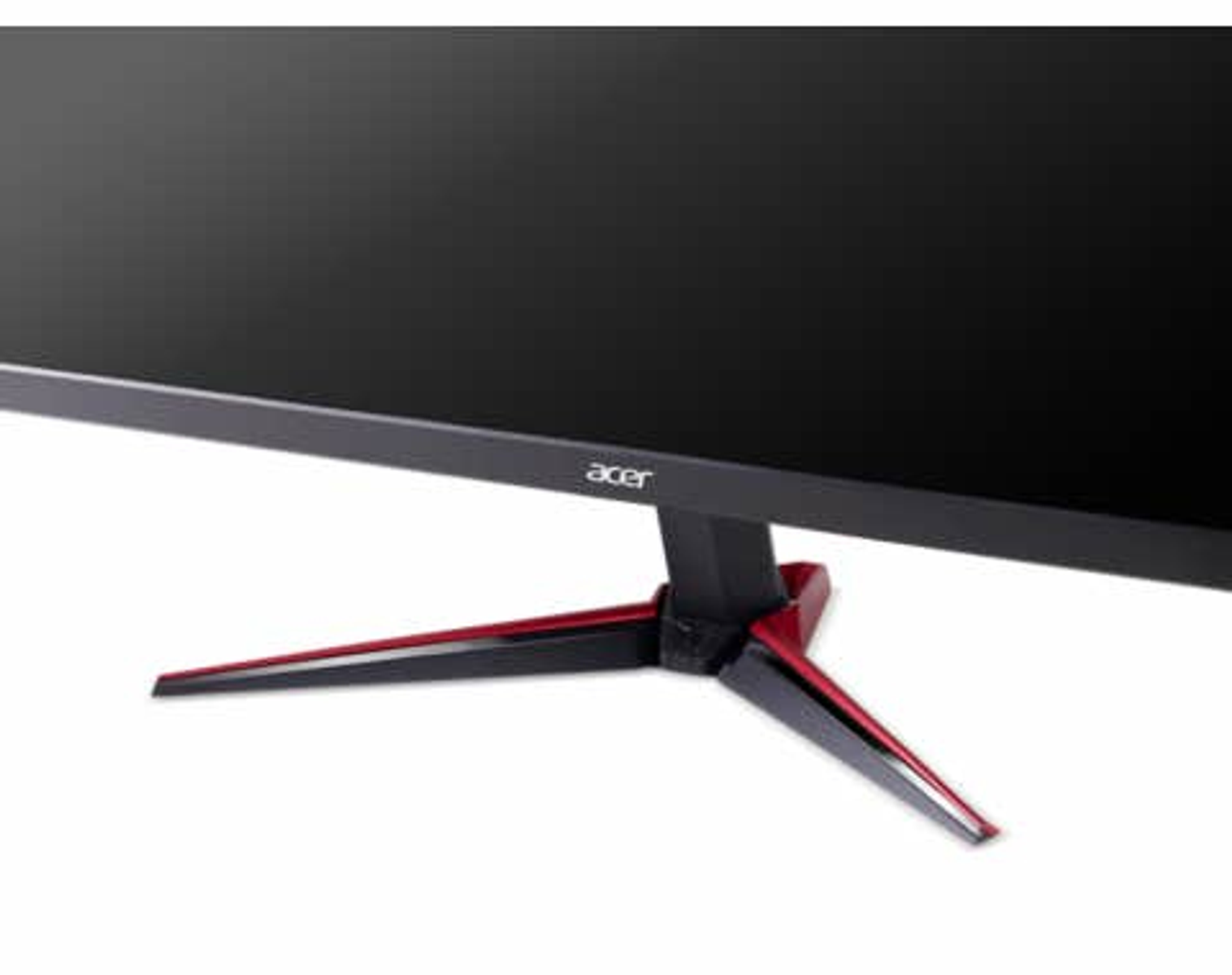 Ein schwarzer Acer-Monitor mit einem rot-schwarzen Ständer auf weißem Hintergrund.