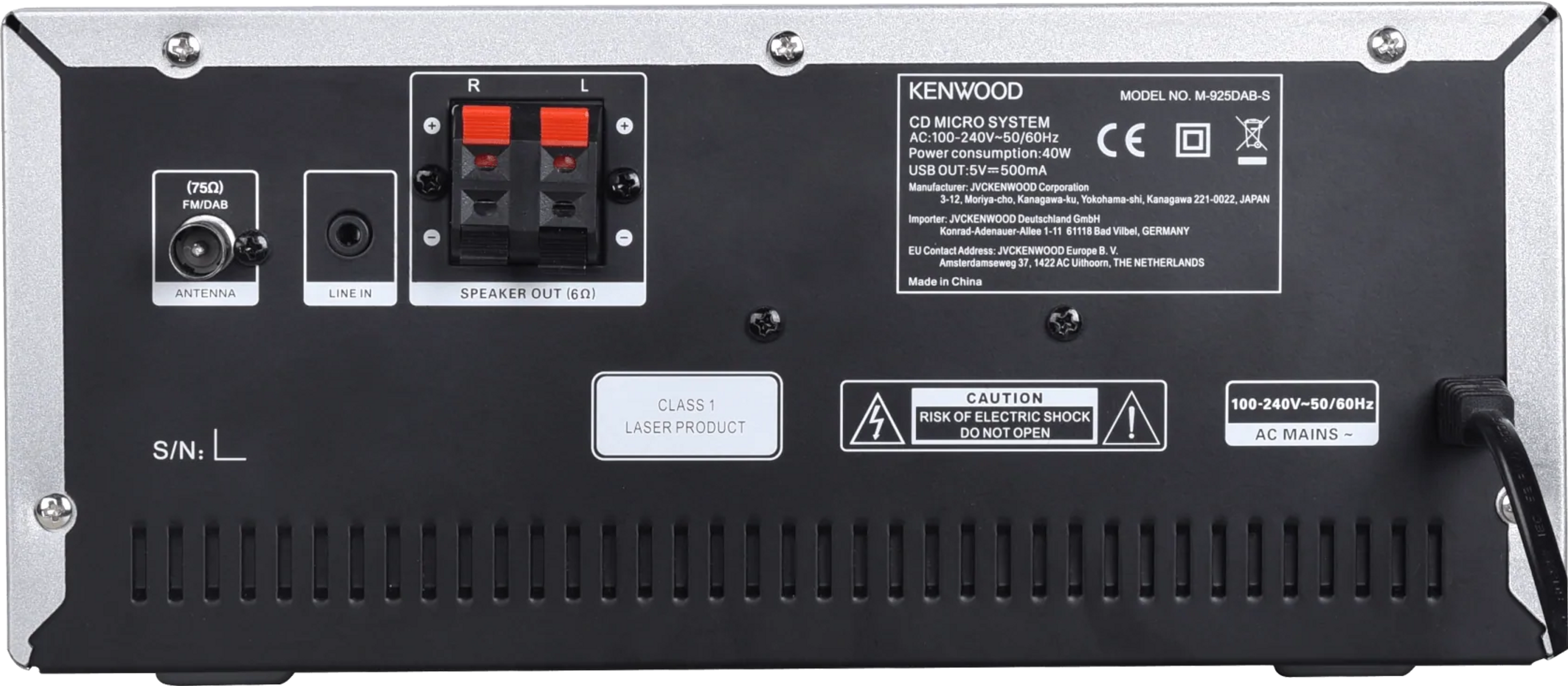 Rückseite eines Kenwood CD-Mikrosystems mit verschiedenen Eingängen und Beschriftungen, dunkelgrau.