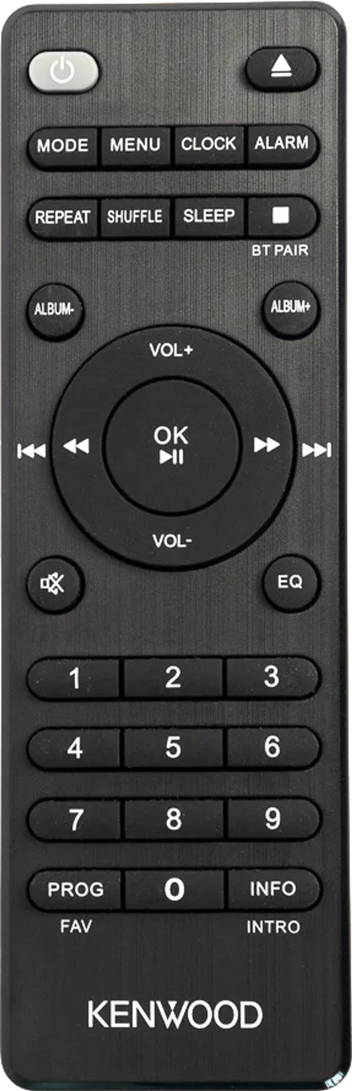 Schwarze Kenwood-Fernbedienung mit Tasten für Modus, Menü, Uhr, Alarm, Zahlen und Lautstärke.