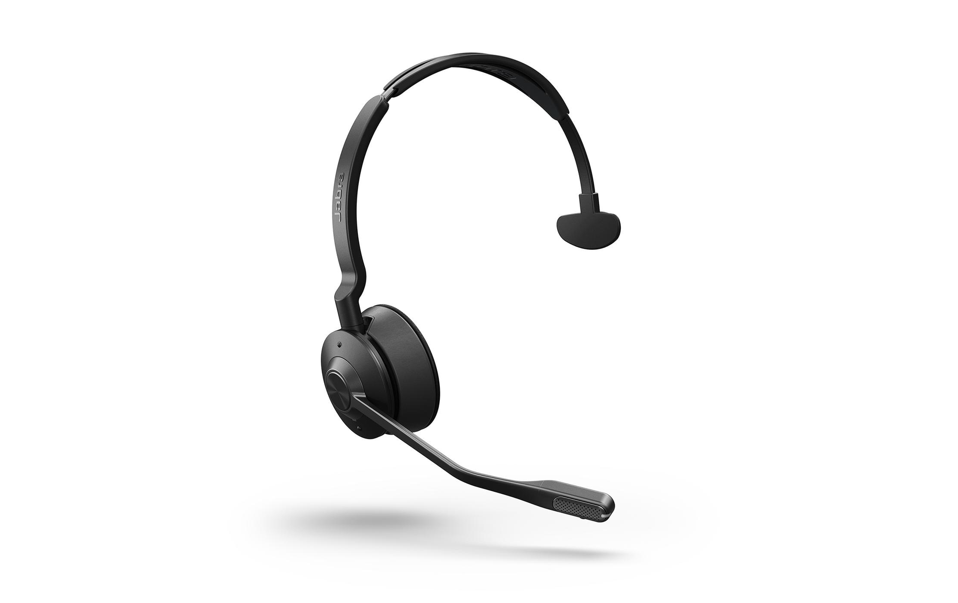 Schwarzes Jabra Headset. Es hat ein Mikrofon und einen Ohrhörer. Weißer Hintergrund.