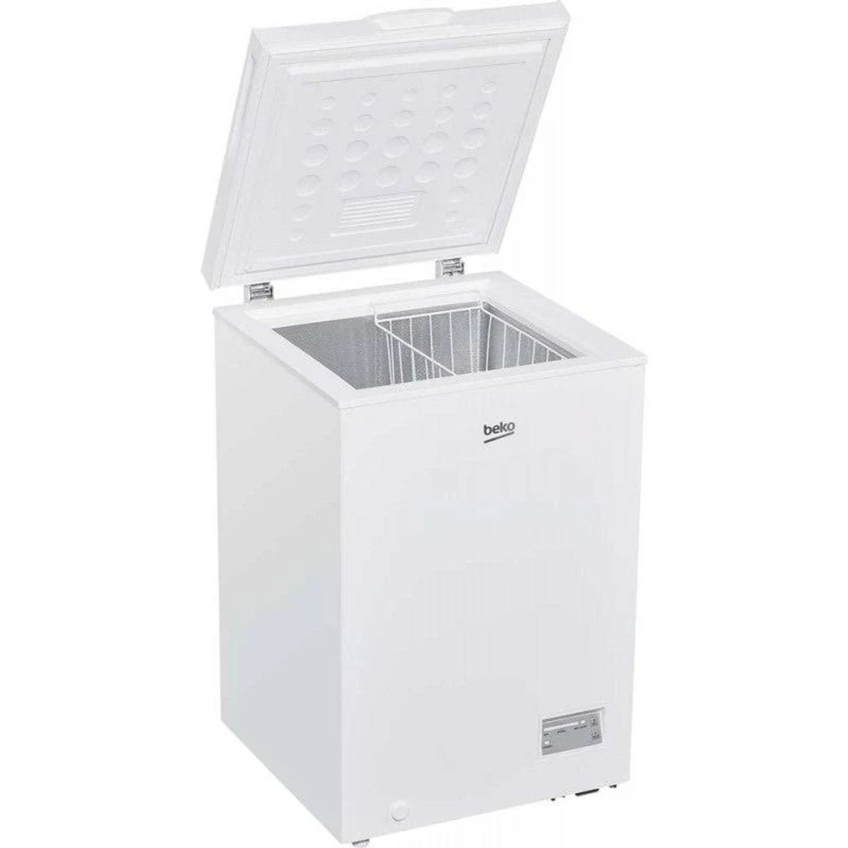 Weiße Beko-Truhe, Tür offen, zeigt Innenraum mit Körben.