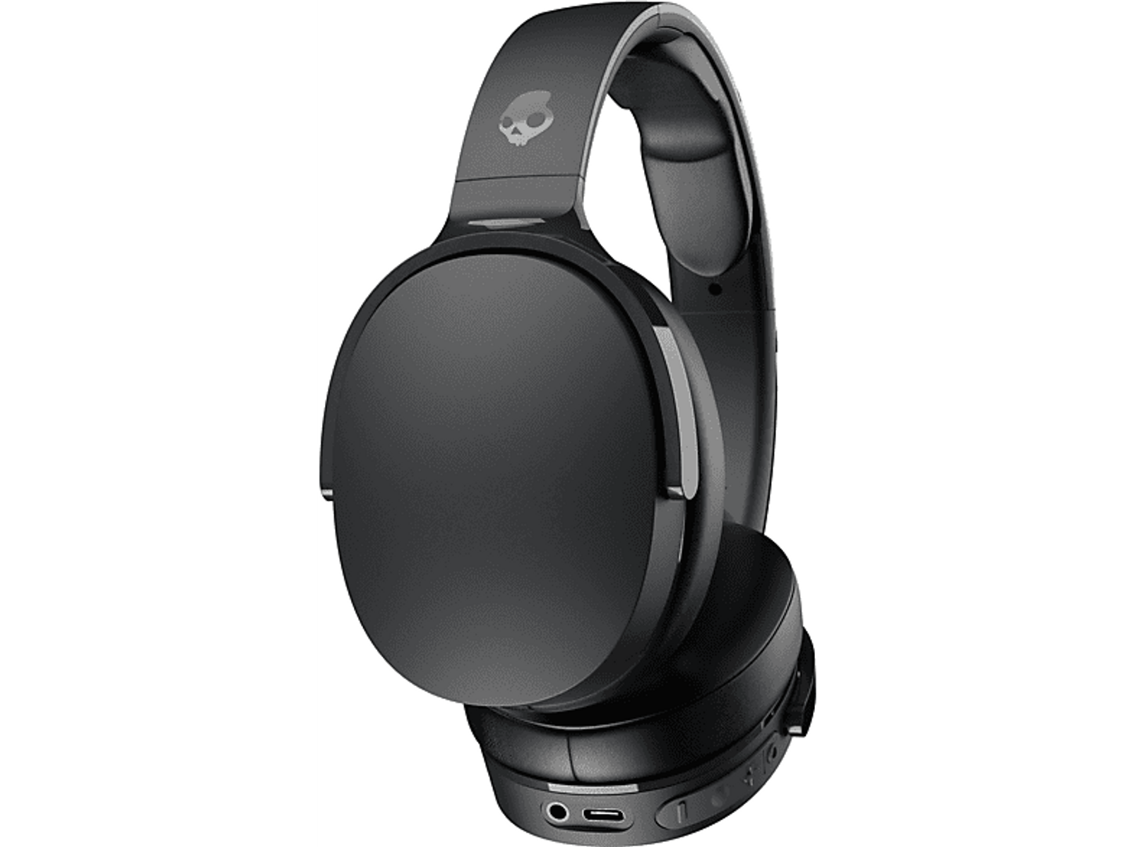 Czarne słuchawki Skullcandy z logo czaszki.