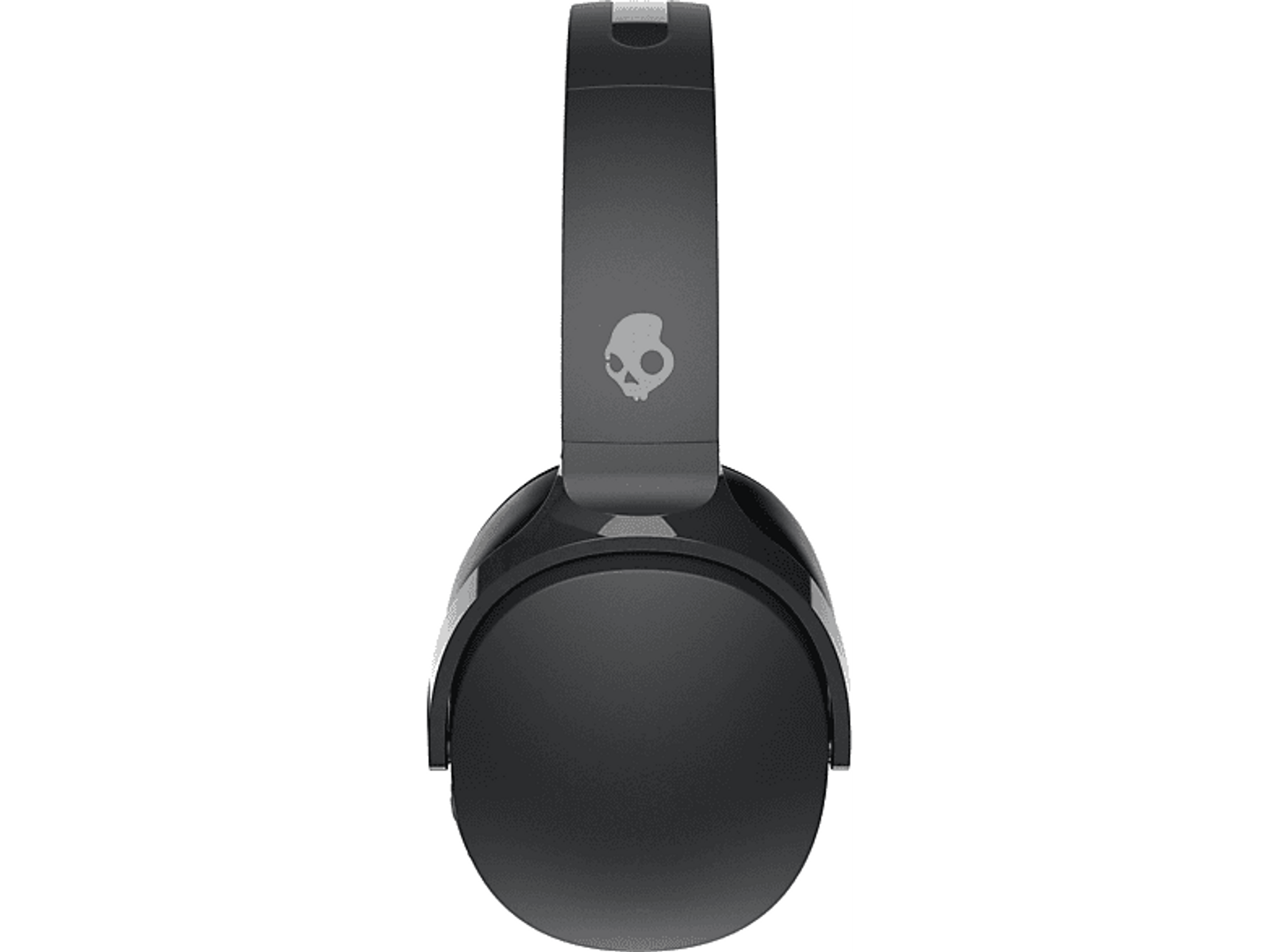 Zbliżenie czarnych słuchawek Skullcandy. Logo Skullcandy jest widoczne na pałąku.