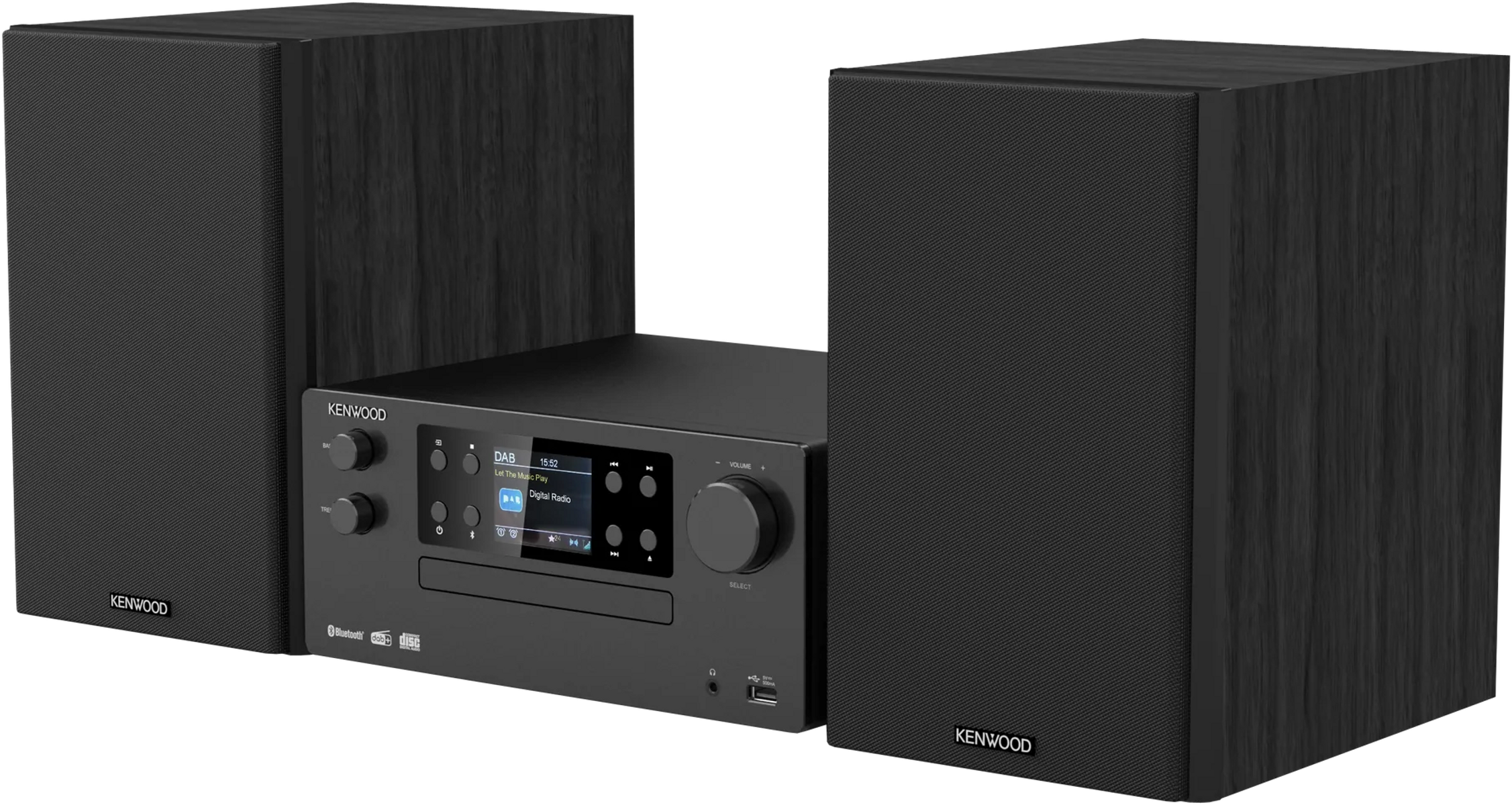 Schwarze Stereoanlage mit Lautsprechern, Marke Kenwood.