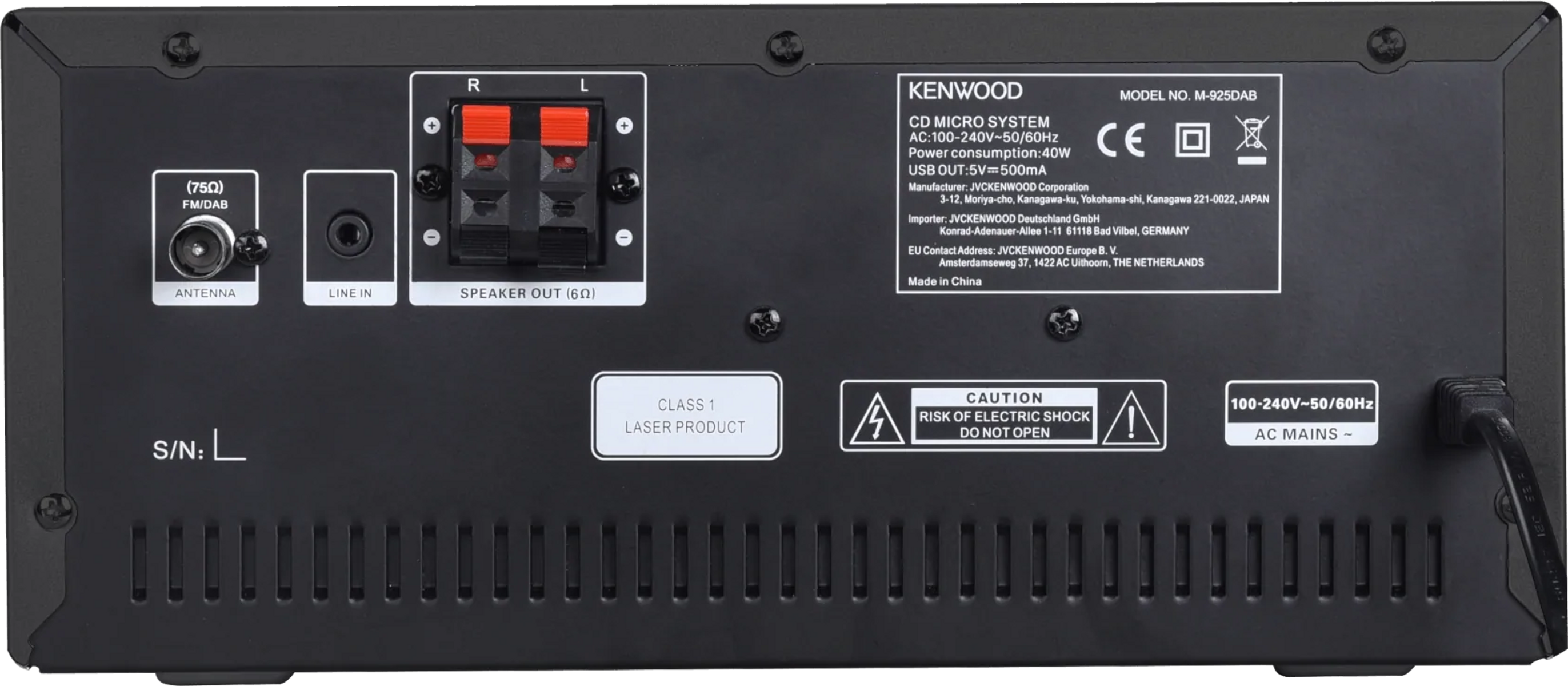 Rückansicht eines Kenwood CD-Mikrosystems. Zeigt Anschlüsse, Modellinfo und Sicherheitsaufkleber.