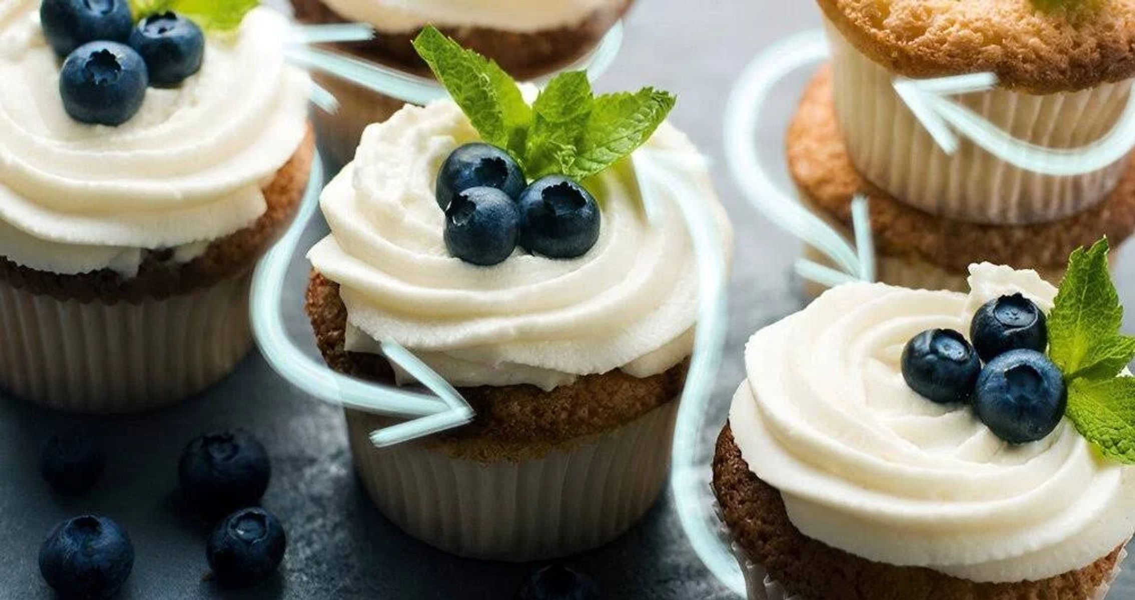 Cupcake con glassa bianca, mirtilli e menta, con frecce intorno.