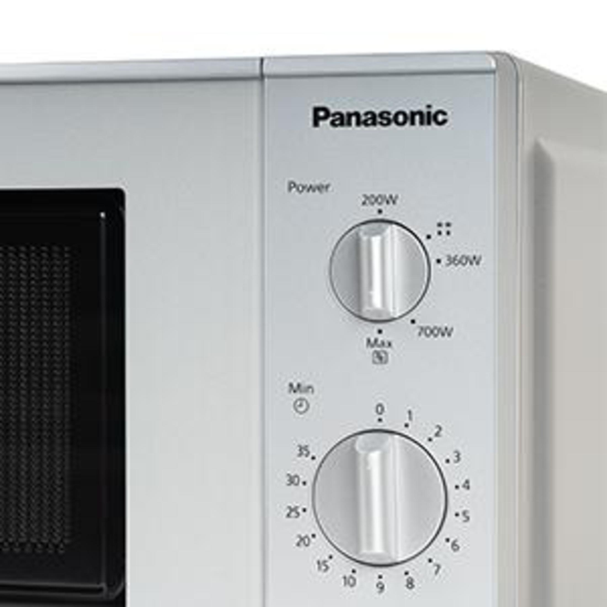 Zbliżenie panelu sterowania kuchenki mikrofalowej Panasonic z pokrętłami.