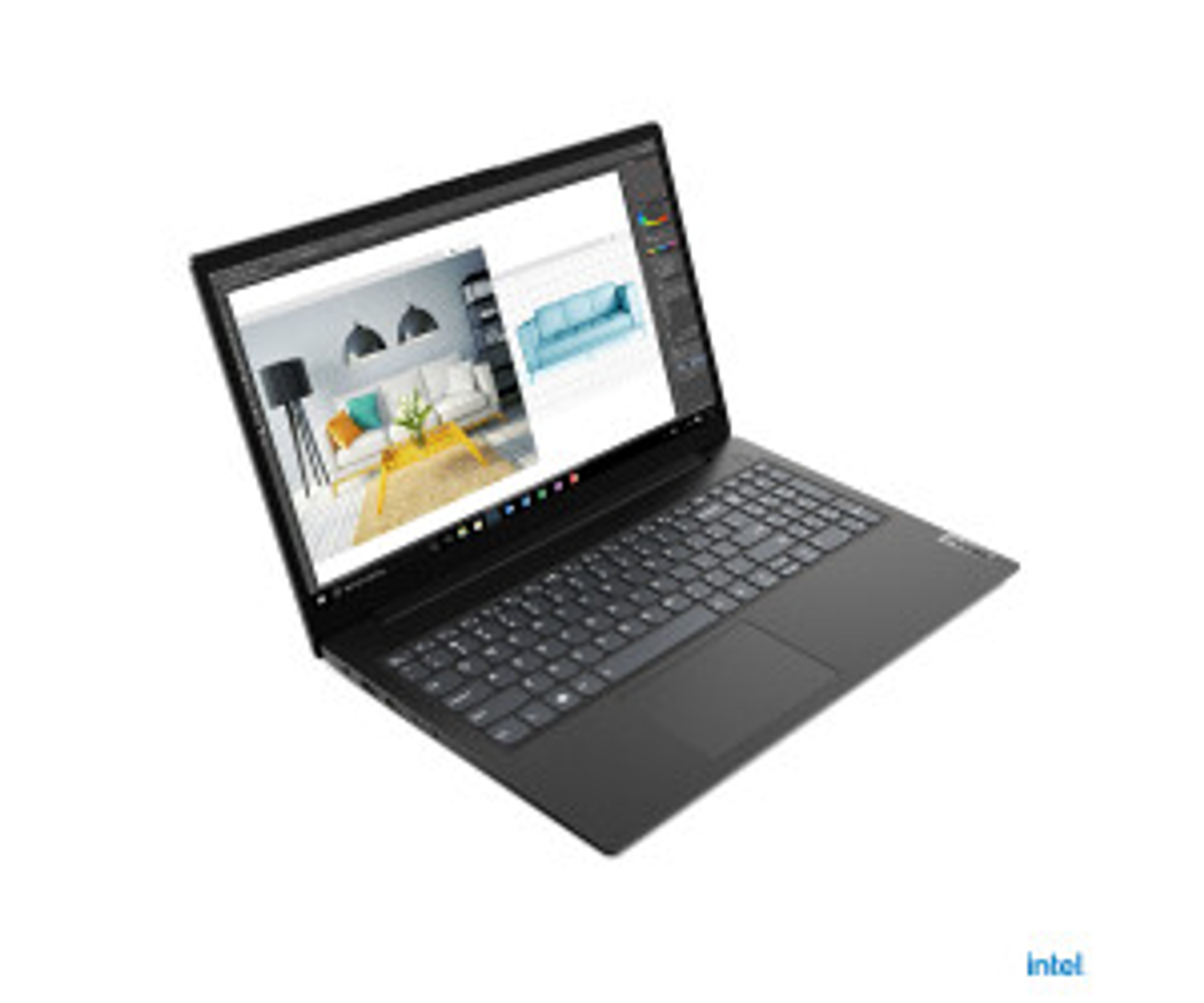 Laptop nero, aperto su una superficie bianca, mostra un software di interior design.