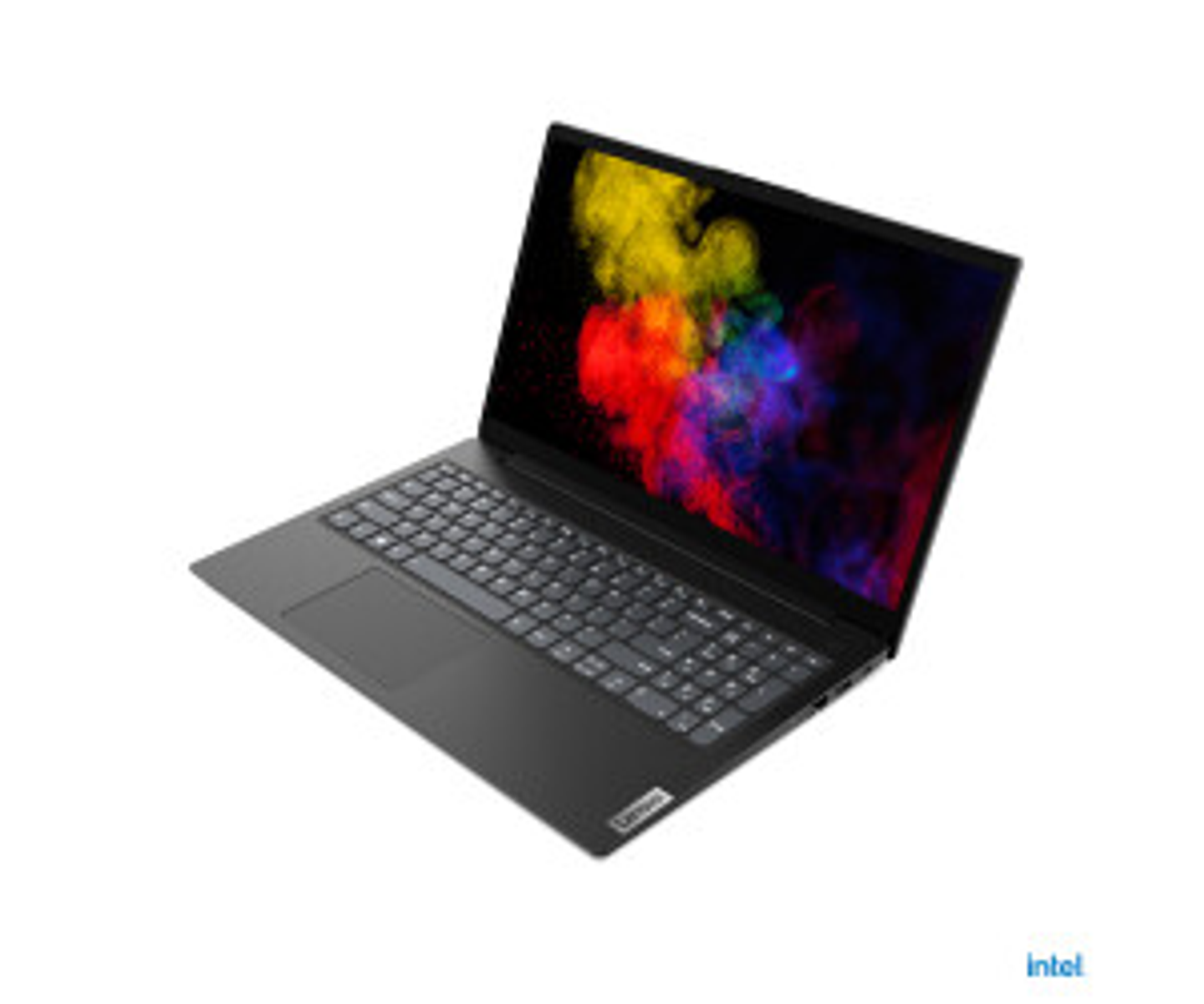 Laptop nero con display a schermo colorato.