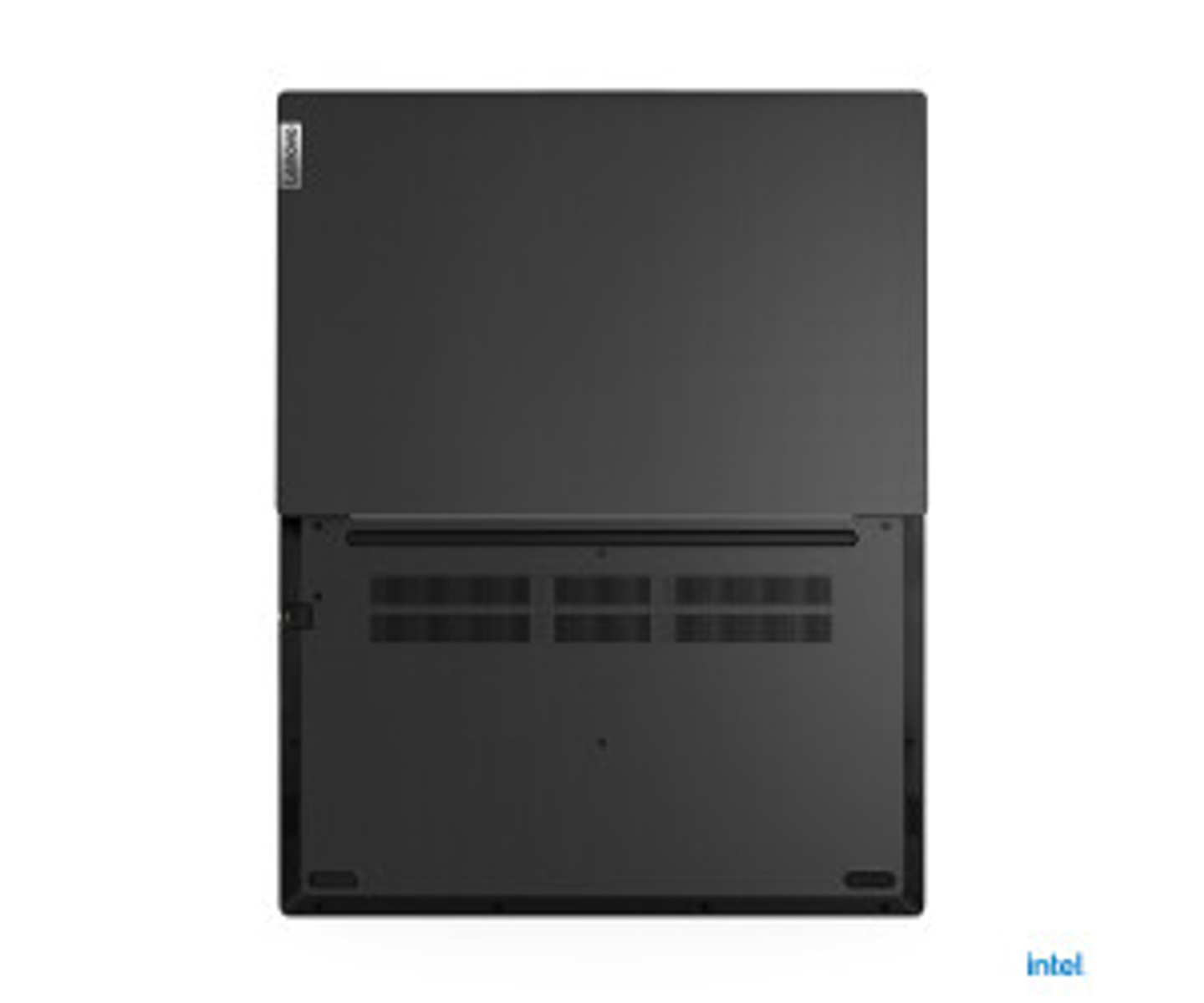 Laptop con coperchio aperto, che mostra la tastiera e il logo Intel. Corpo grigio scuro, sfondo bianco.