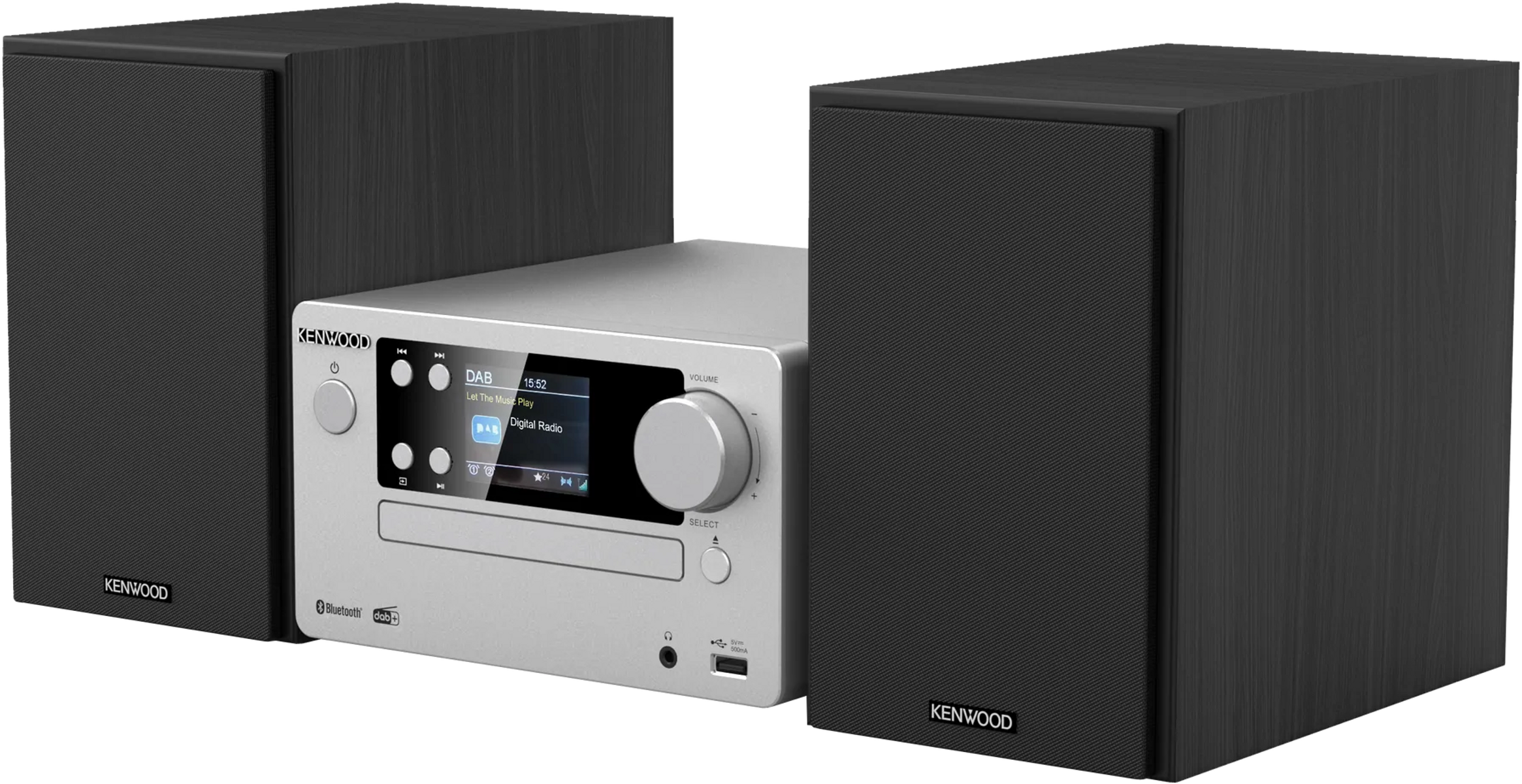 Un sistema stereo Kenwood con altoparlanti. Unità argento e due altoparlanti neri.