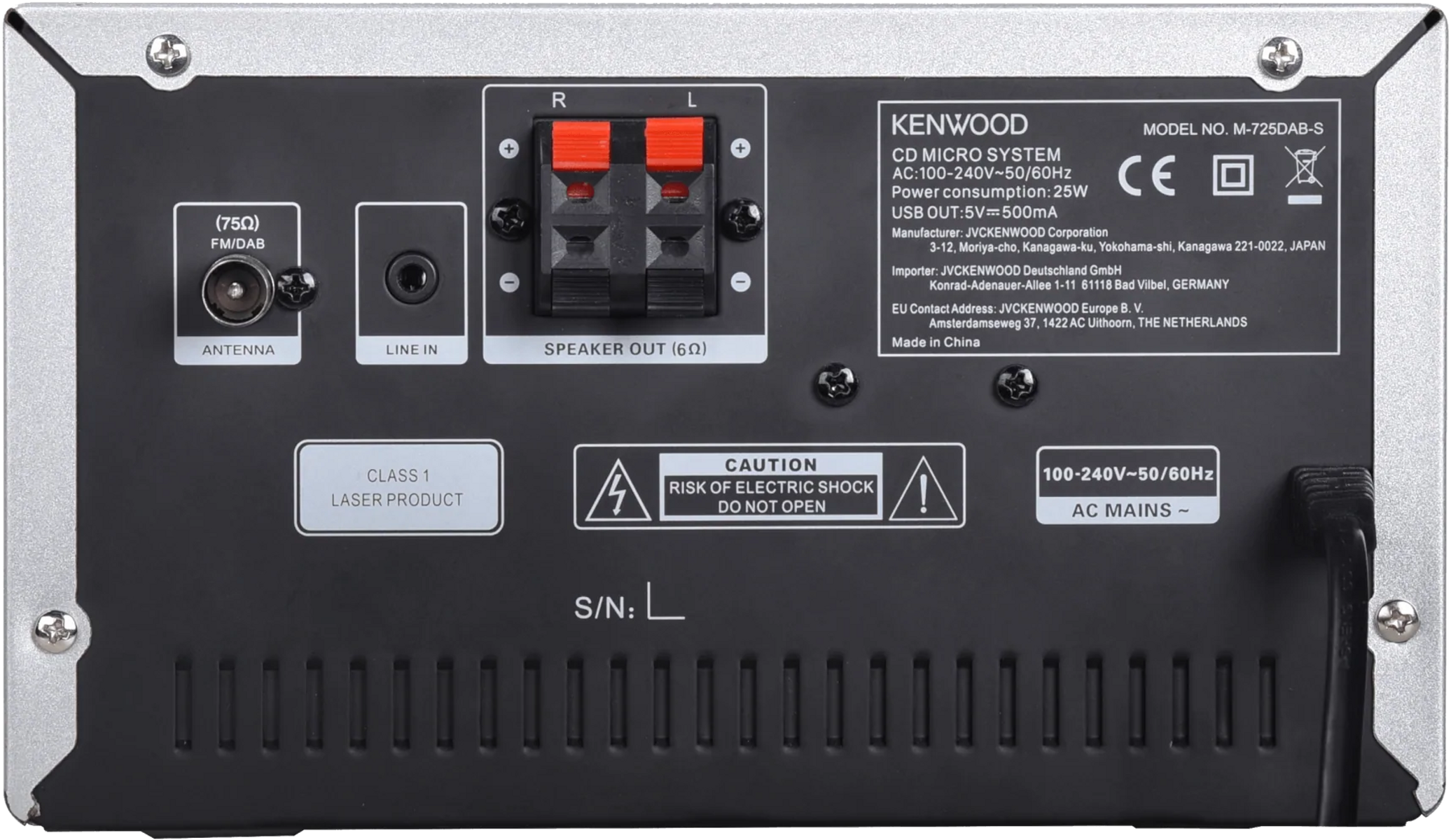 Vista posteriore di un micro sistema CD Kenwood nero con vari ingressi e avvertenze.