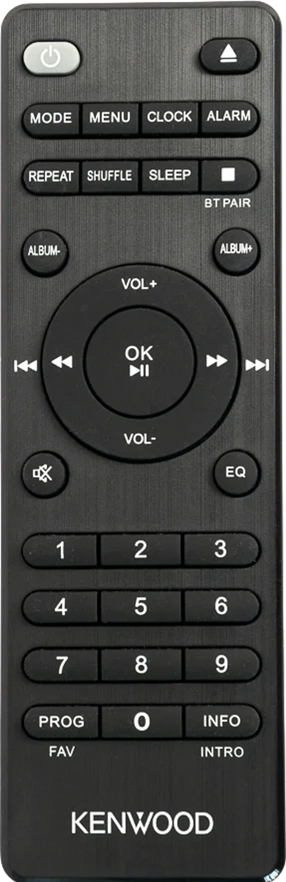 Schwarze Kenwood Fernbedienung. Knöpfe mit Text und kreisförmigem Bedienelement. Weißer Hintergrund.