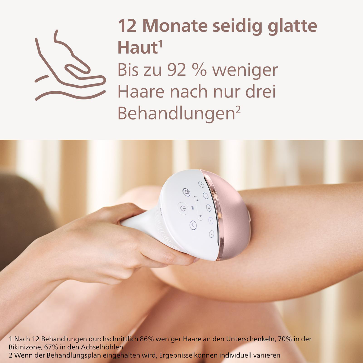 Eine Frau benutzt ein Haarentfernungsgerät an ihrem Arm. Text über seidig glatte Haut.