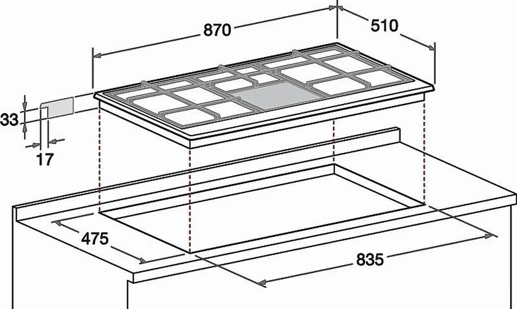 Schema di un piano cottura con dimensioni, che mostra i dettagli di installazione.
