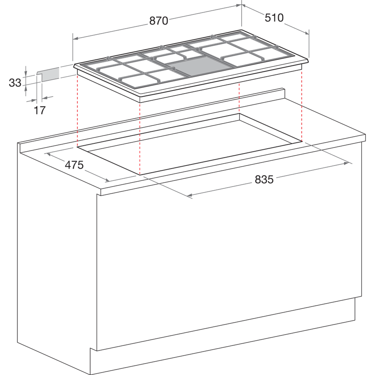 Diagramma che mostra l'installazione di un piano cottura con dimensioni e misure.