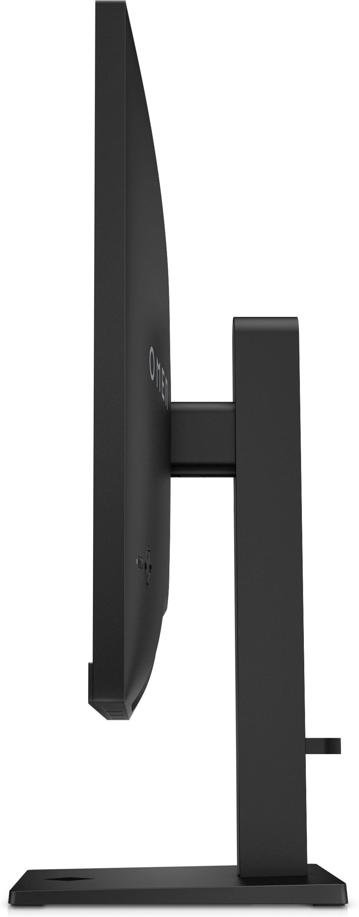 Widok z boku czarnego monitora, ze stojakiem i logo OMEN z boku.