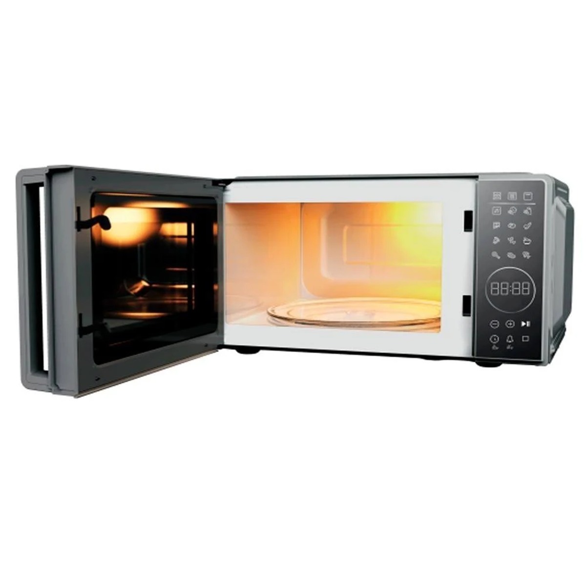 Mikrofala z otwartymi drzwiami. Wnętrze jest oświetlone.