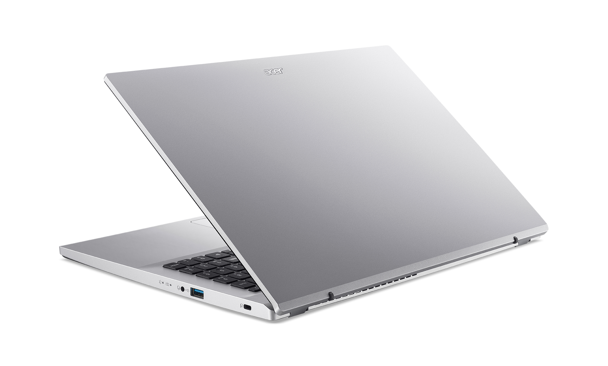 Laptop argentato, Acer, angolato, aperto. Sfondo bianco. Tastiera visibile.
