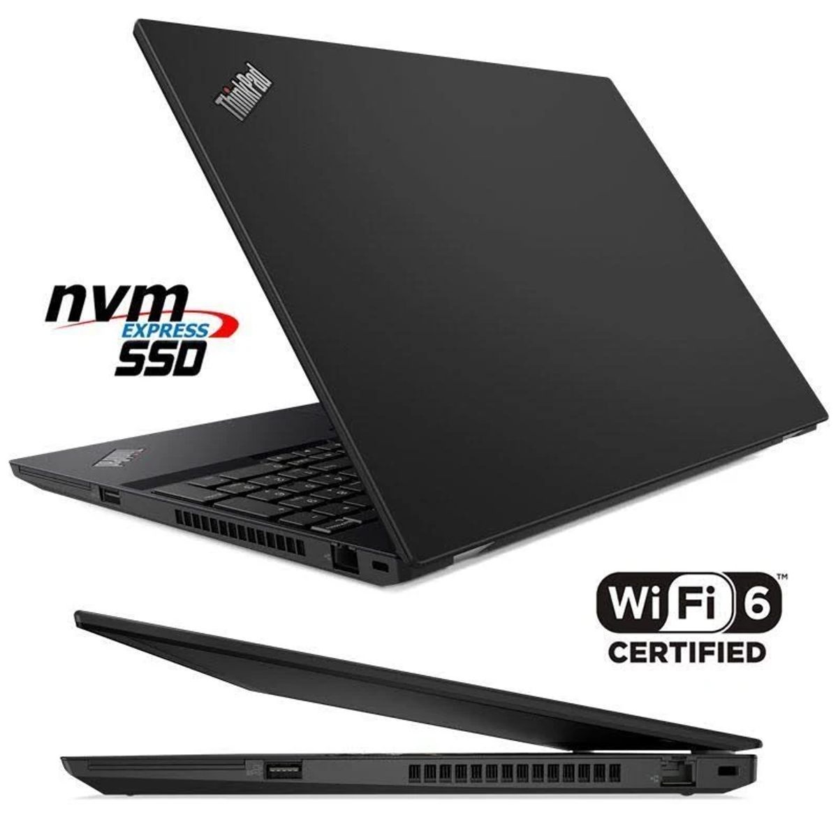 Una laptop ThinkPad negra con una etiqueta WiFi 6 y nvm express 550. La laptop está cerrada e inclinada.