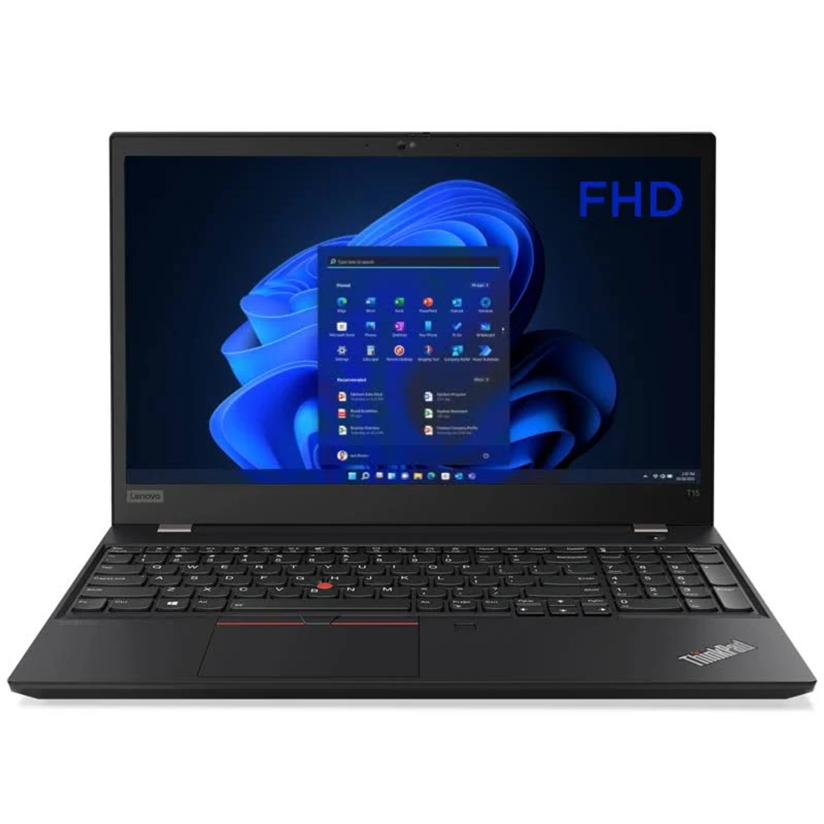 Ordenador portátil negro abierto mostrando la pantalla con etiqueta FHD.