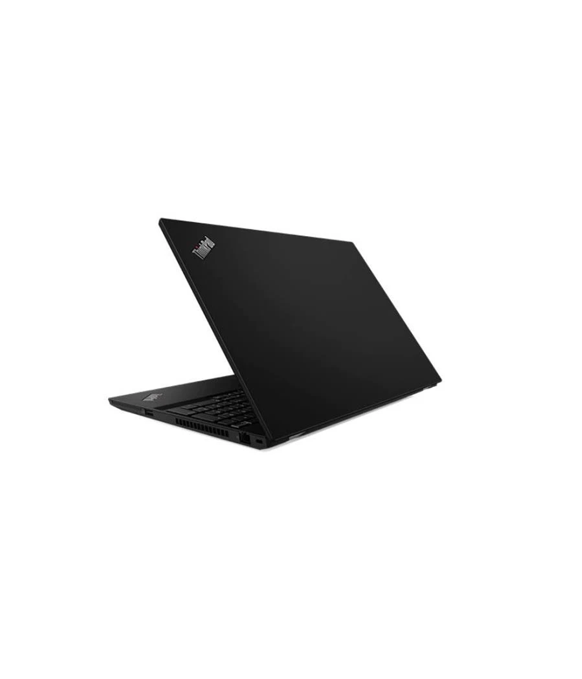 Un portátil negro, ligeramente abierto, sobre un fondo blanco, mostrando el teclado.