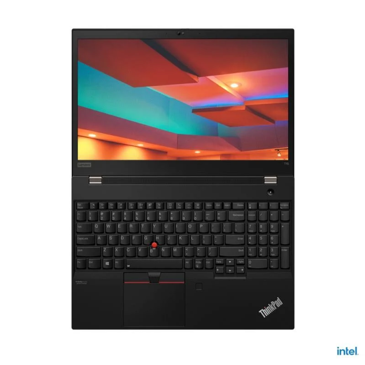 Laptop Lenovo ThinkPad negro, abierto. Teclado visible, con el logotipo ThinkPad y un trackpoint rojo.