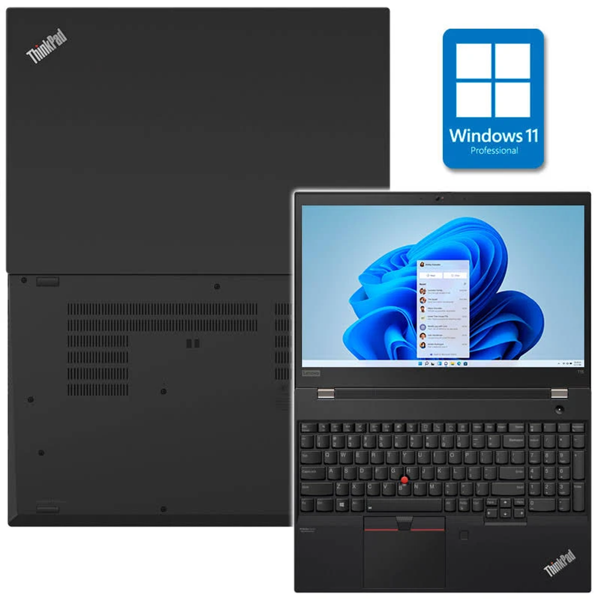 Laptop negro con Windows 11, logo Windows y caja profesional azul.