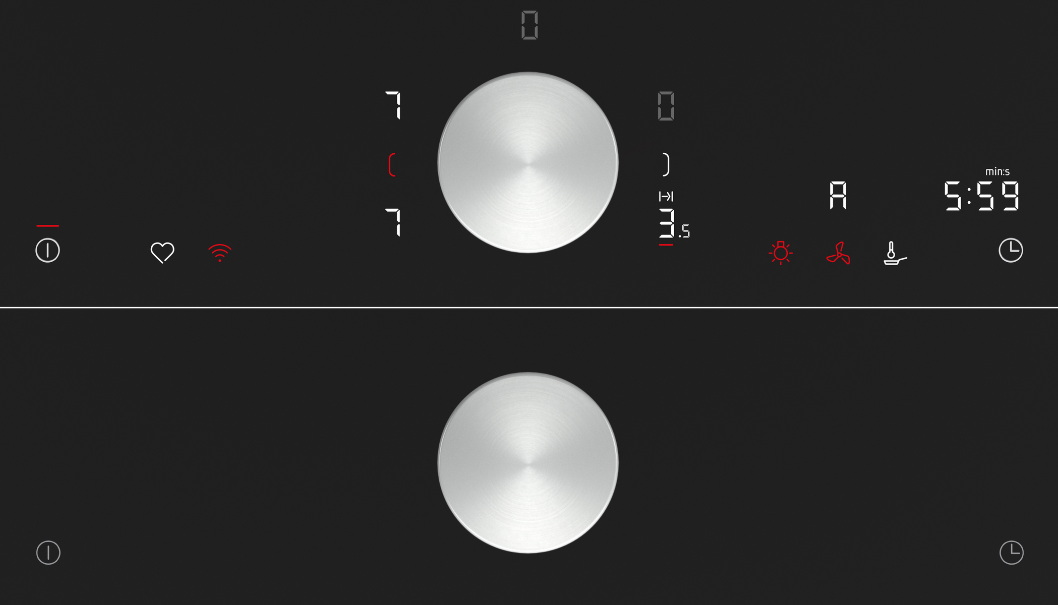 Czarny panel sterowania płyty grzewczej, z dwoma srebrnymi pokrętłami i cyfrowym wyświetlaczem pokazującym czas. Czarna powierzchnia, ciemny ton.