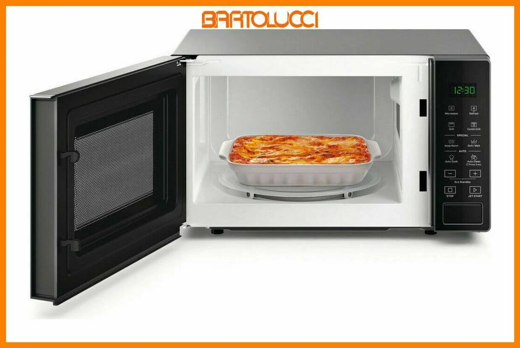 Mikrofalówka z otwartymi drzwiami i jedzeniem w środku. Czarno-srebrny design.