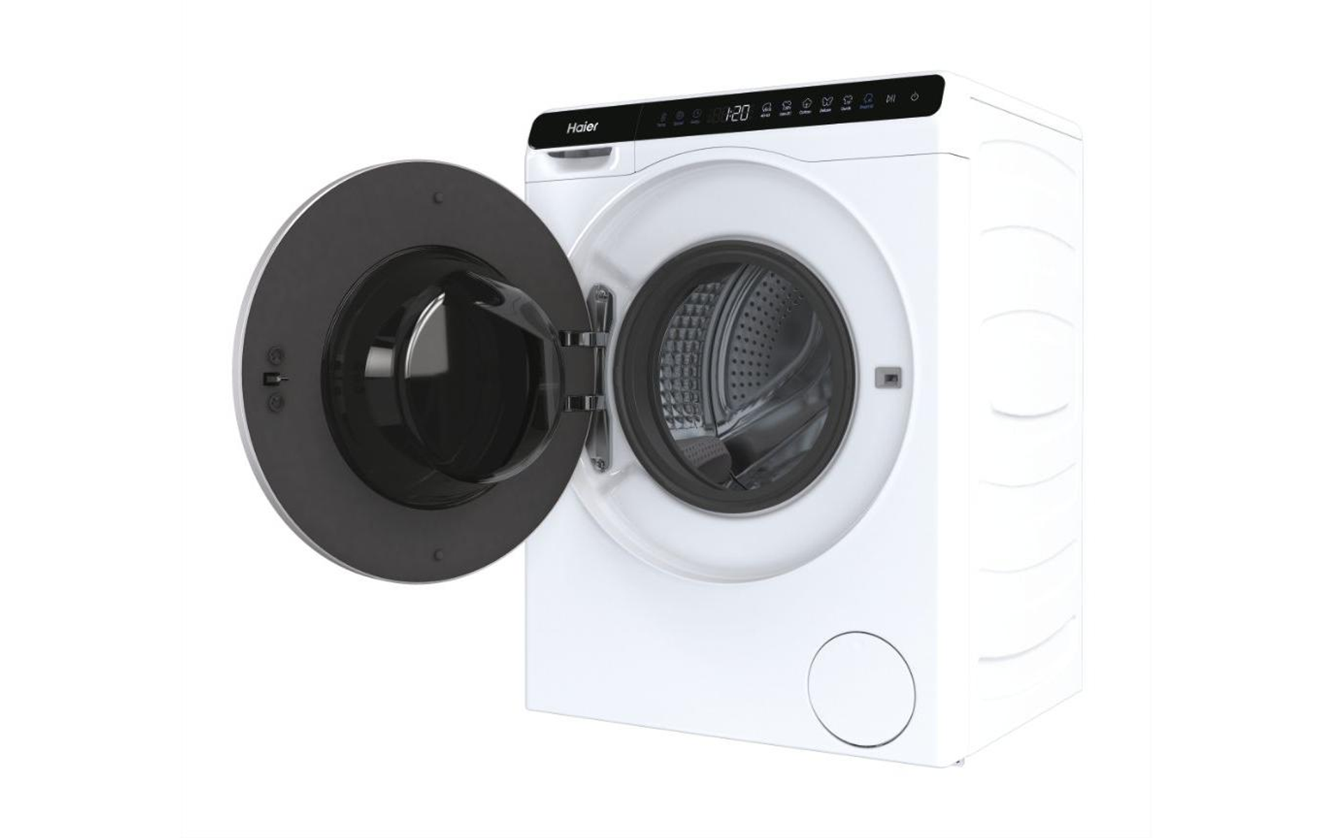 Lavatrice Haier bianca con porta nera aperta, isolata su sfondo bianco.