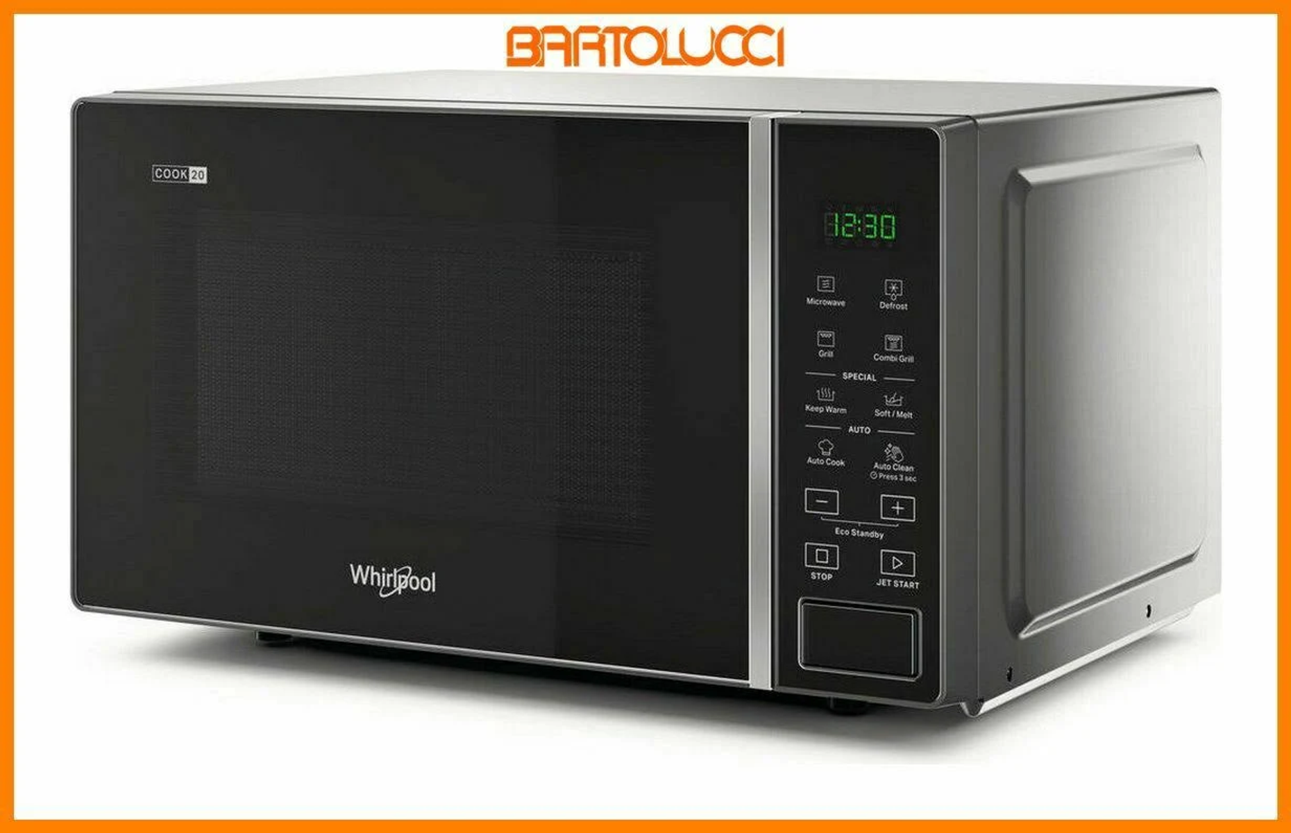 Czarna kuchenka mikrofalowa Whirlpool z panelem sterowania i wyświetlaczem. Pomarańczowa ramka.