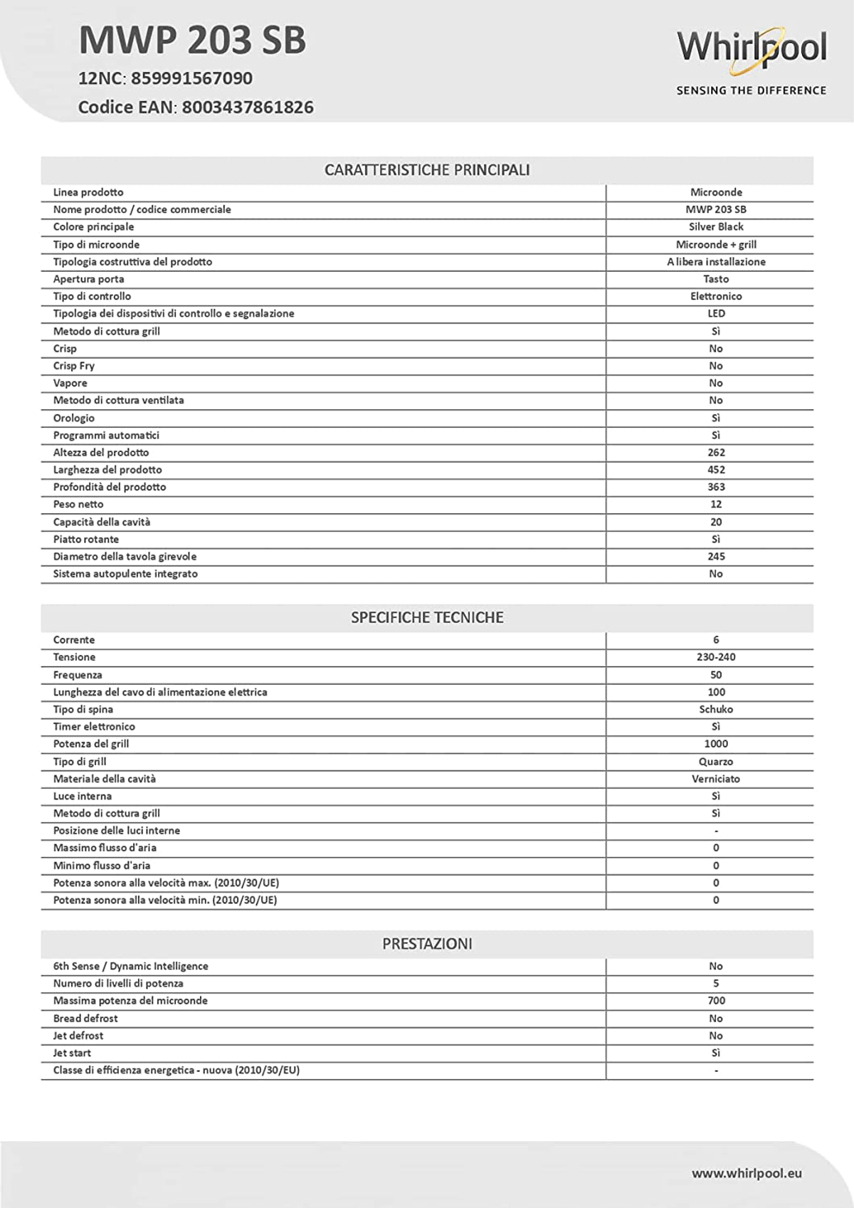 Arkusz specyfikacji kuchenki mikrofalowej Whirlpool MWP 203 SB, pokazujący szczegóły techniczne.