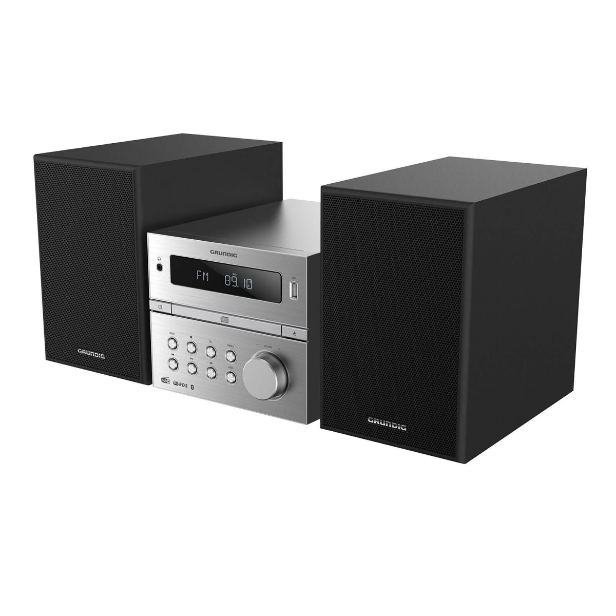 Un sistema estéreo Grundig plateado con dos altavoces negros sobre un fondo blanco.