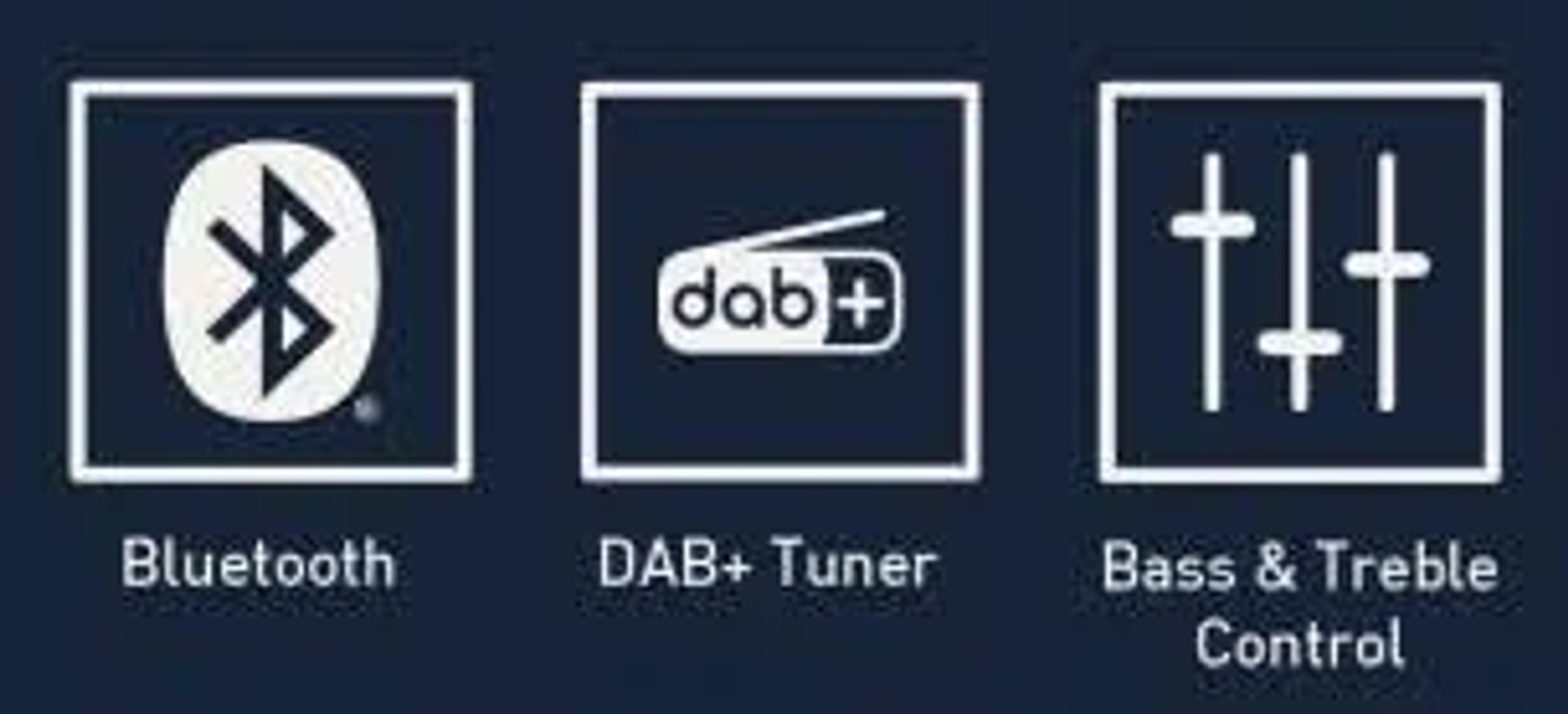 Iconos para Bluetooth, DAB+Tuner y control de bajos y agudos sobre fondo azul oscuro.