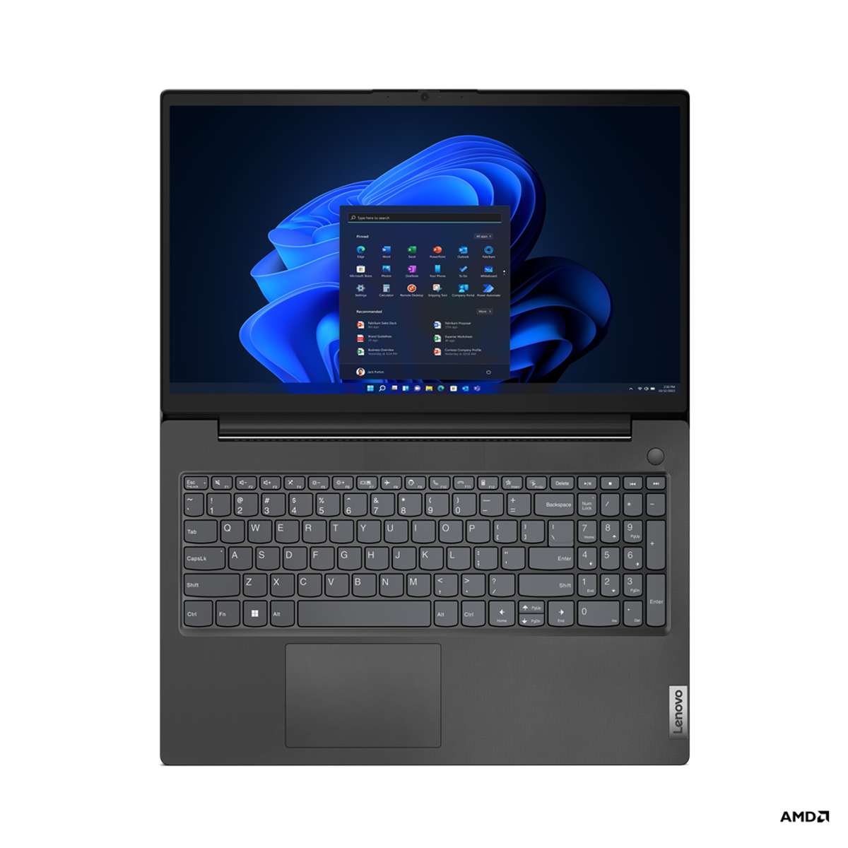 Un laptop Lenovo grigio, che mostra l'interfaccia di Windows 11.