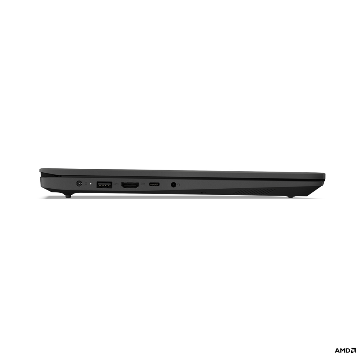 Profilo laterale di un laptop nero che mostra le porte, tra cui USB, HDMI e audio.